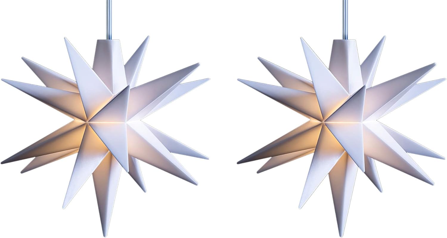 2er SPARSET LED Dekosterne Klein 8cm WEISS mit Batteriefach f&uuml;r 3 AA Batterien 6h Timerfunktion (1,5m Kabel) Weihnachtsdeko Fenster beleuchtet 3D Stern 18 Zackig Leuchtstern LED Mini Kinder 