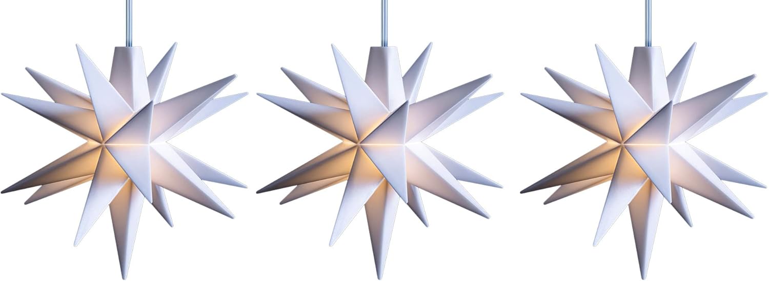 3x LED Dekosterne Klein 8cm WEISS mit Batteriefach f&uuml;r 3 AA Batterien 6h Timerfunktion (1,5m Kabel) Weihnachtsdeko Kinderzimmer Batterie 3D Stern 18 Zackig Leuchtstern LED Mini Lichterkette 