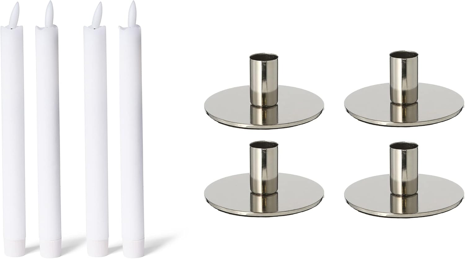 Novaliv 4er-Set Stabkerzenhalter Silber 10x5cm Weihnachtsdekoration mit Echtwachskerze LED Stabkerze elektrisch Flackereffekt Candle Holder Metall Adventskranz Weihnachten scandic chic Tafelkerzen 