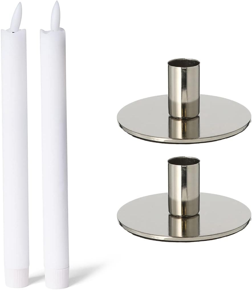 2er-Set Stabkerzenhalter Metall Silber 10x5cm mit LED-Stabkerze Echtwachs elektrisch batteriebetrieben flammenlos Vintage Kerzenhalter Retro Home Deko weihnachtliche Tischdeko Kerzenst&auml;nder 
