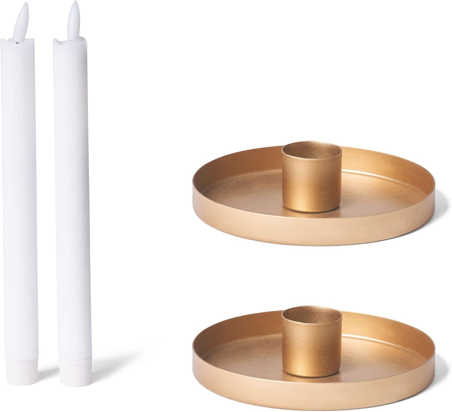 Novaliv 2er-Set Stabkerzenhalter 14cm Metall rund Tafelkerzen Gold matt mit Premium LED-Echtwachskerze Stabkerze elektrisch flammenlos Kerzenhalter Adventskranz Weihnachtsdekoration Candle Holder 