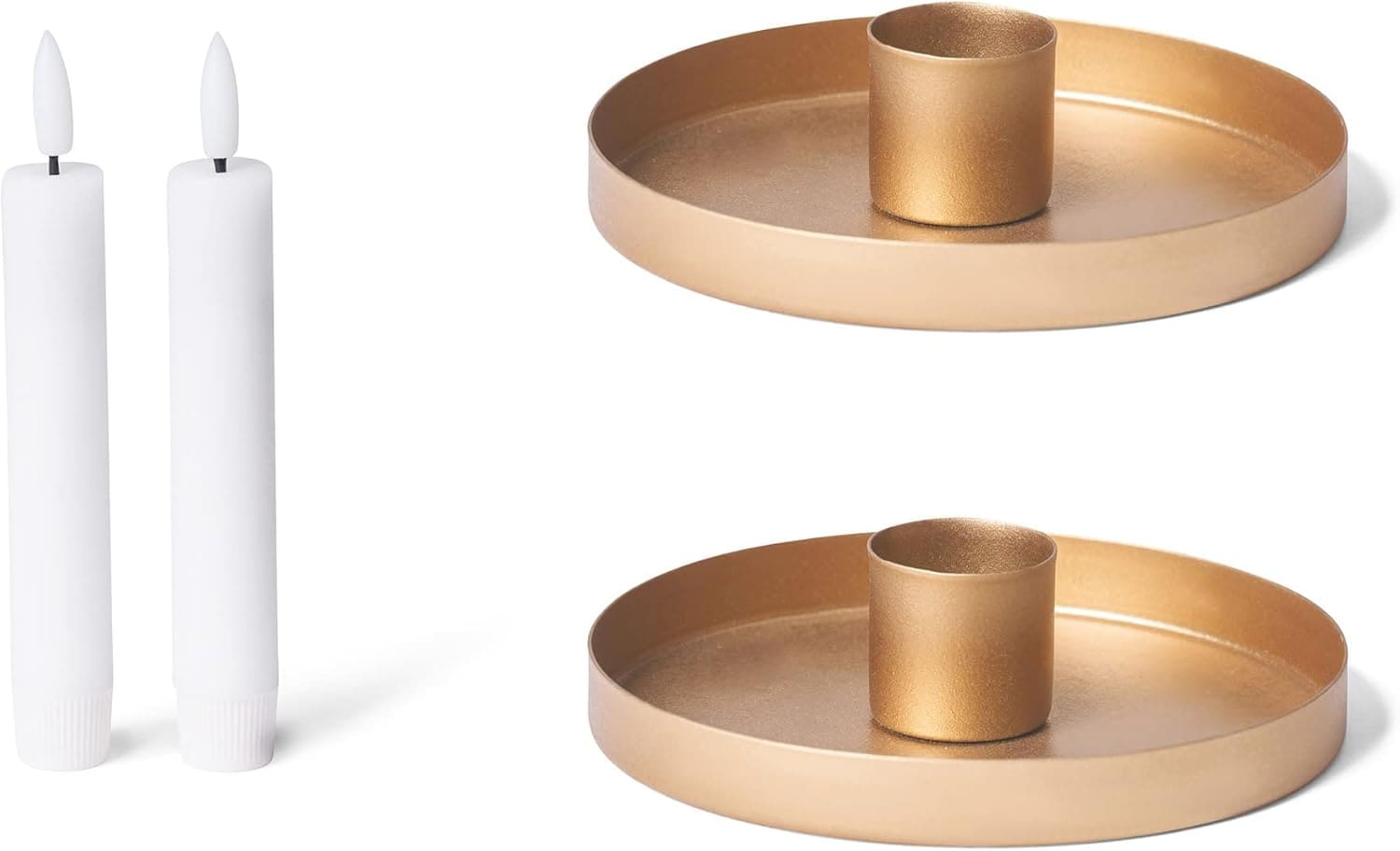 Novaliv 2er-Set Stabkerzenhalter 14cm Metall rund Tafelkerzen Gold matt Kerzenhalter mit Echtwachs LED-Kerze Premium Flackereffekt Weihnachtsdekoration Candle Holder Weihnachten scandic chic 