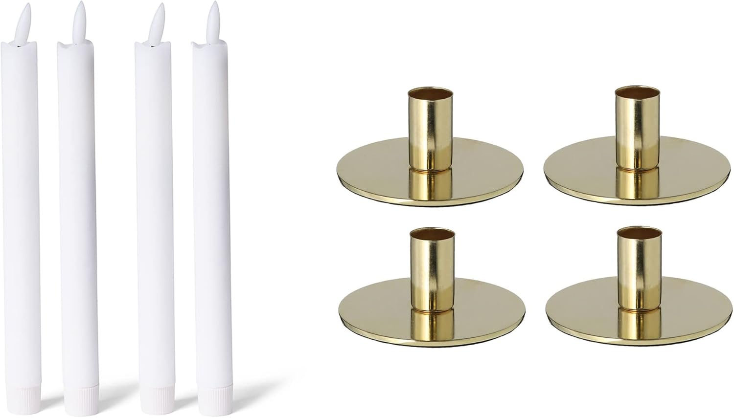 Novaliv 4er-Set Stabkerzenhalter Metall Gold 10x5cm mit Premium LED Stabkerze Echtwachskerze Tafelkerze flammenlos batteriebetrieben Home Deko weihnachtliche Tischdeko Kerzenst&auml;nder Kerzenpin 