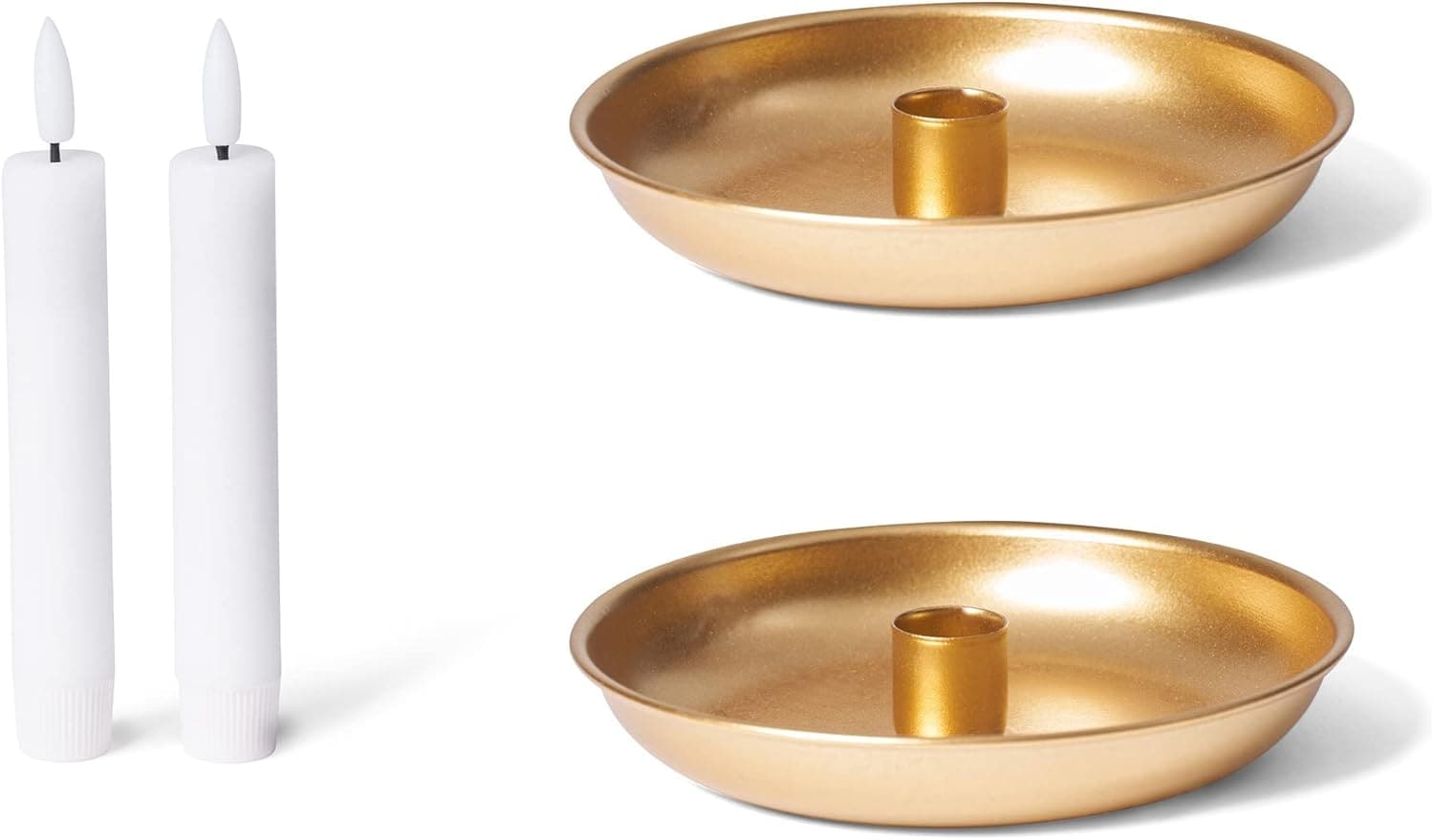 Novaliv 2er-Set Stabkerzenhalter 13cm Metall rund Tafelkerzen Gold matt mit flackernder LED Premium Kerze batteriebetrieben Kerzenpick Kerzenteller Dekoschale Weihnachten scandic chic Kerzenhalter 