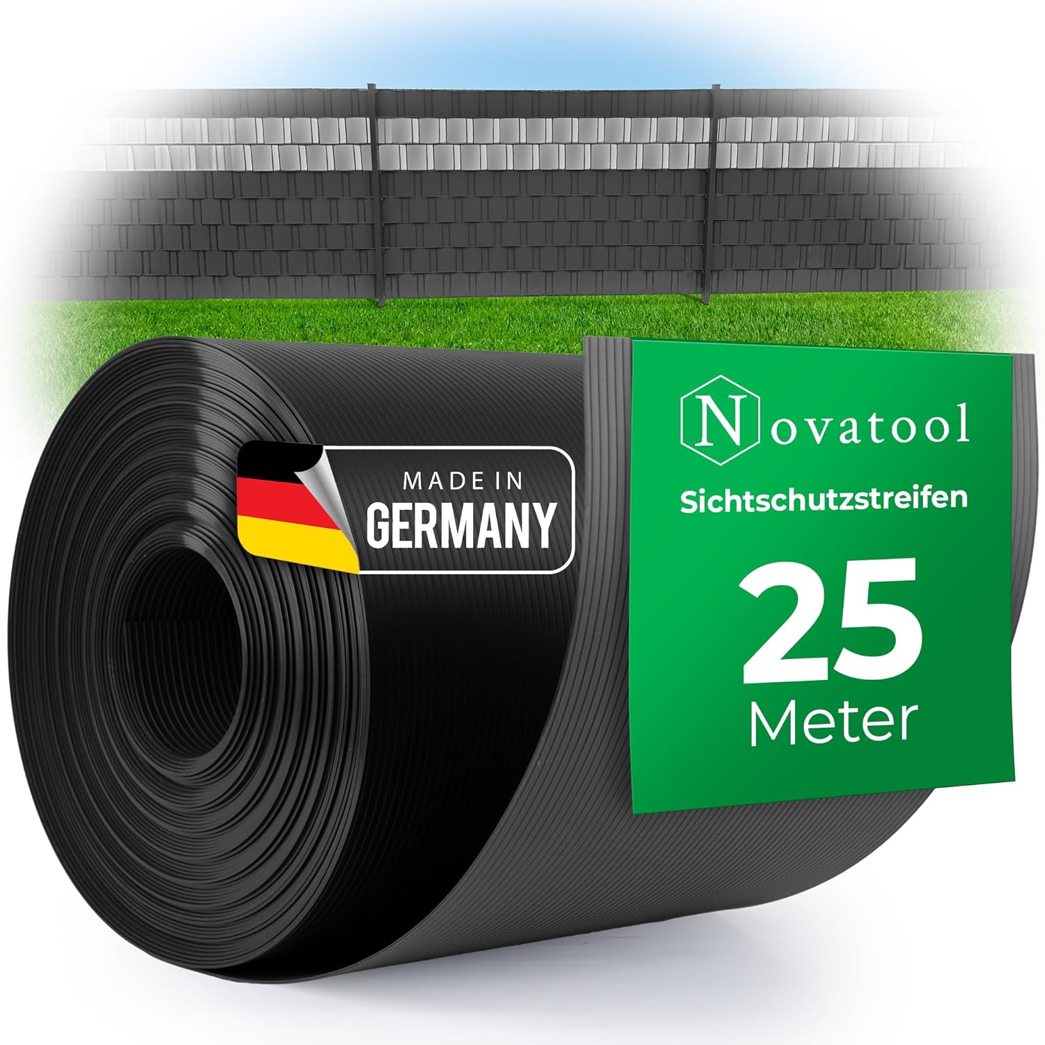Novatool 25m Rolle PP Premium Sichtschutzstreifen f&uuml;r Doppelstabmatten ANTHRAZIT RAL 7016-19 cm f&uuml;r 10 Reihen Stabmattenzaun Sichtschutzstreifen GRAU mit Rillen Zaunelemente Sichtschutz Qualit&auml;t 