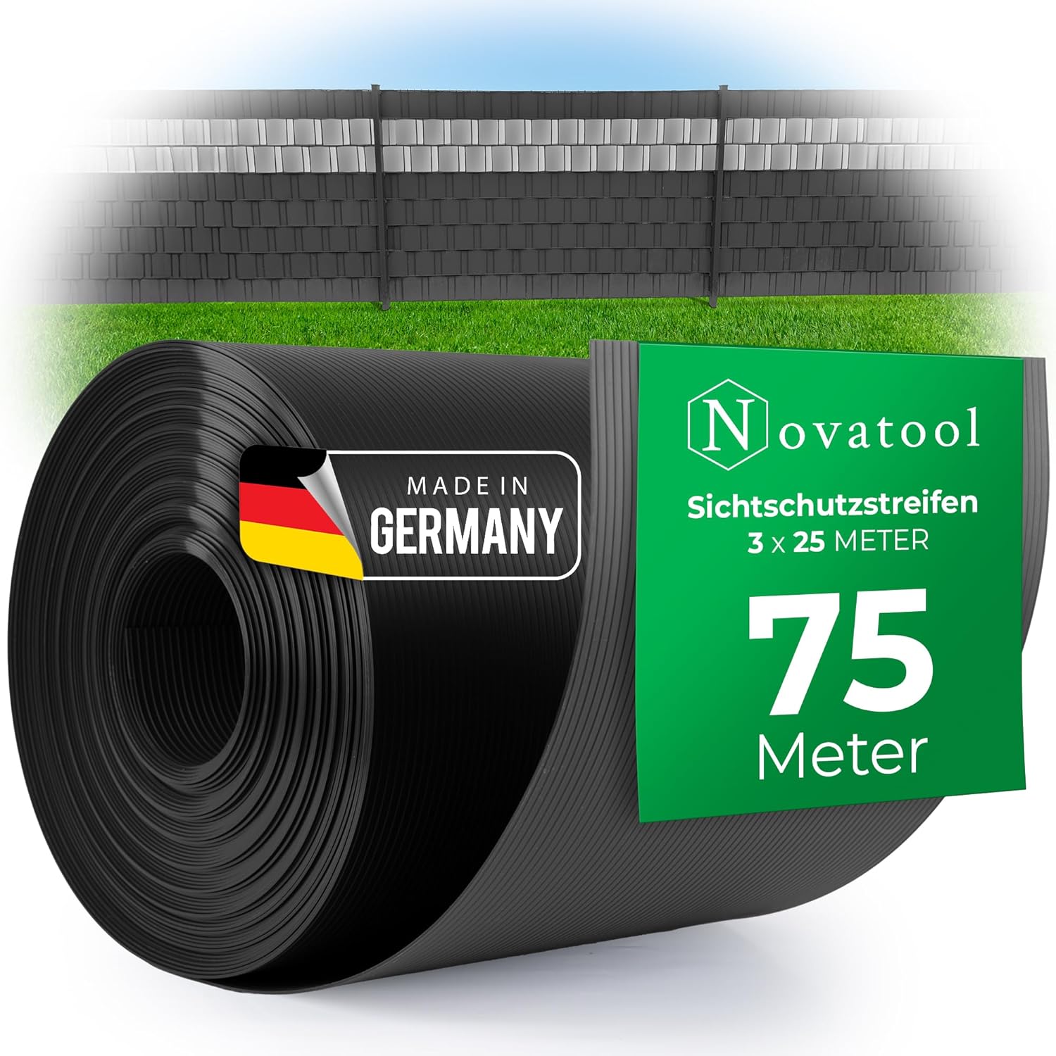 Novatool 3X 25m Rolle PP Premium Sichtschutzstreifen f&uuml;r Doppelstabmatten ANTHRAZIT RAL 7016-19 cm hoch - 30 Reihen Stabmattenzaun Sichtschutzstreifen GRAU mit Rillen Zaunelemente Sichtschutz 