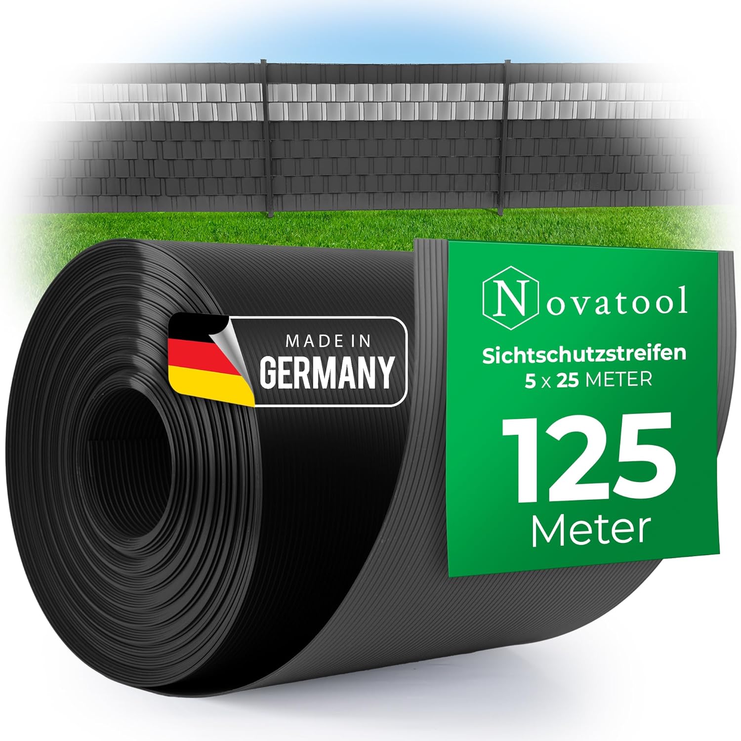 Novatool 5x 25m Rolle PP PREMIUM Sichtschutzstreifen f&uuml;r Doppelstabmatten ANTHRAZIT 19 cm hoch - 50 REIHEN Stabmattenzaun Sichtschutzstreifen GRAU mit Rillen Zaunelemente Sichtschutz Hohe Qualit&auml;t 