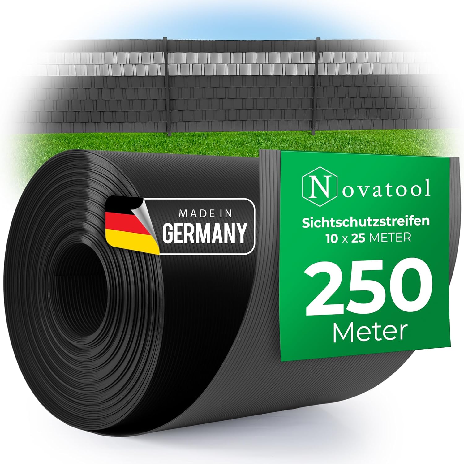 Novatool 10x 25m Rolle PP Premium Sichtschutzstreifen f&uuml;r Doppelstabmatten ANTHRAZIT RAL 7016-19 cm hoch - 100 Reihen Stabmattenzaun Sichtschutzstreifen GRAU mit Rillen Zaunelemente Sichtschutz 