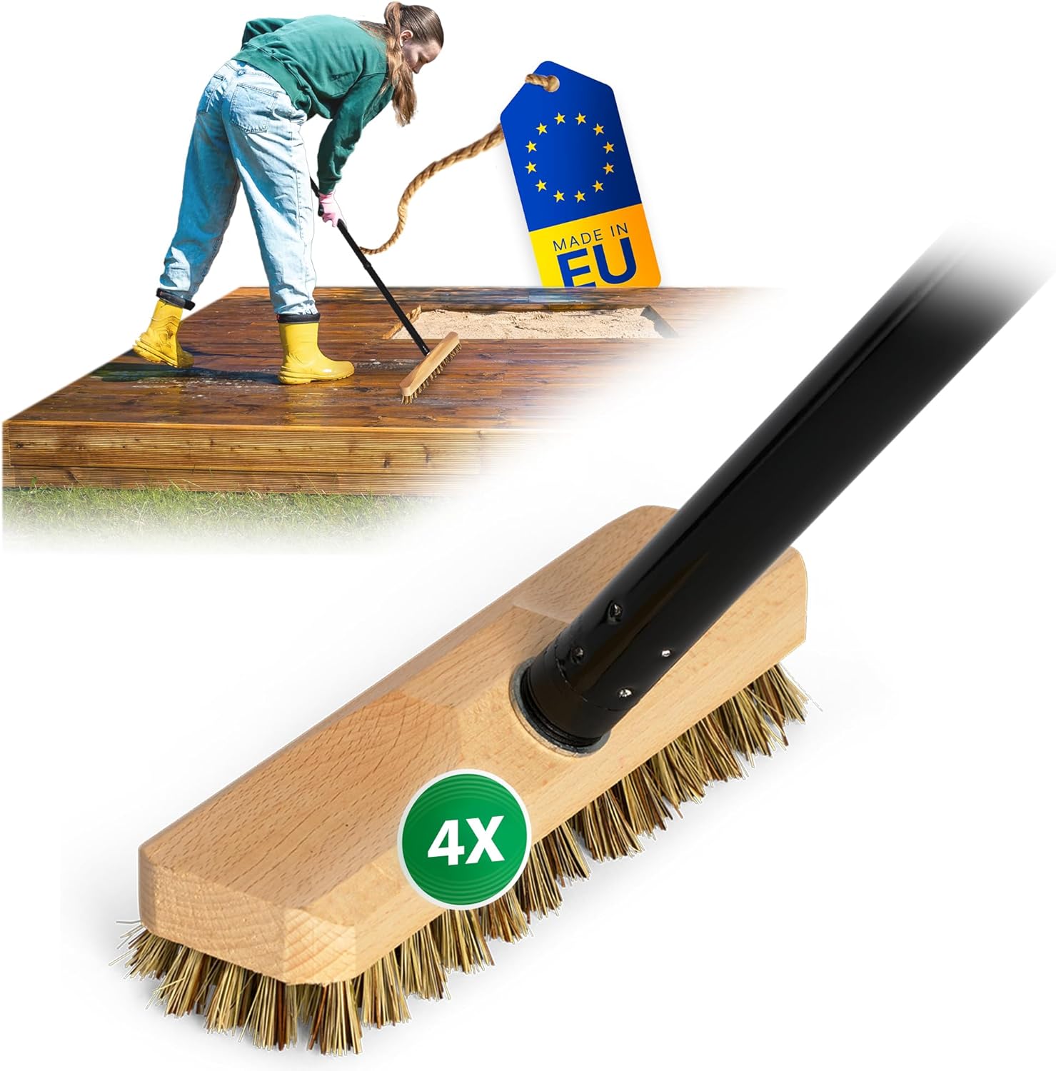Novaliv 4X Schrubber aus Holz mit Union Borsten und Steckstiel vierteilig - Wischer mit Gewinde Scheuerb&uuml;rste Boden-B&uuml;rste Indoor Outdoor Besen wurzelb&uuml;rste mit stiel 
