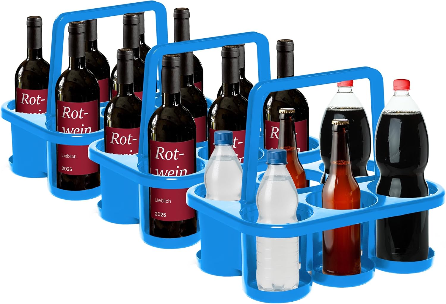Novaliv 3X Flaschentr&auml;ger f&uuml;r 18 Flaschen - Stabiler Halt - Getr&auml;nkekorb Kunststoff , Stapelbar , 32x23x28cm BLAU - Ideal f&uuml;r K&uuml;che & Keller Getr&auml;nkekorb Biertr&auml;ger Getr&auml;nketr&auml;ger Flaschenbox 