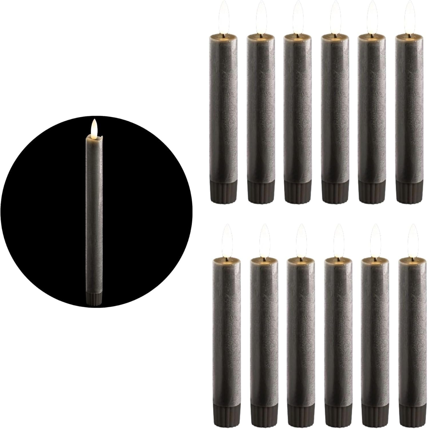 Stabkerzen LED mit Timer GRAU 12 St&uuml;ck indoor 6 Stunden ECHTWACHS 15cm H&ouml;he f&uuml;r Kerzen 2 ,2cm Durchmesser 2 AAA Batterien notwendig LED Stabkerzen 4er Set GRAU (drei Mal) bewegliche Flamme Licht 