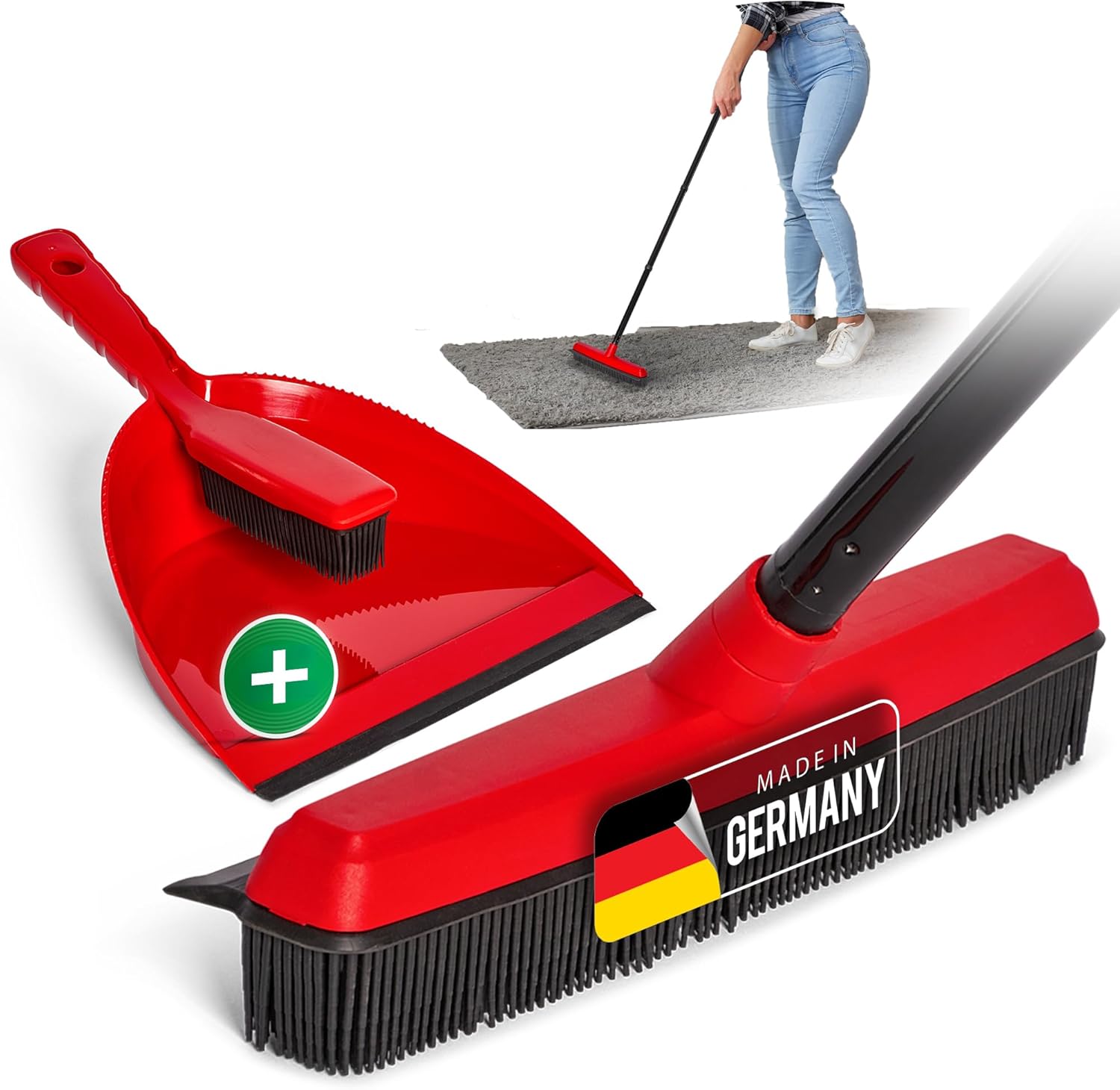 Novaliv Gummibesen mit Stiel zum Stecken & Kehrgarnitur Friseurbesen Set Gummi Noppenbesen Hundehaarentferner Broom Parkett Besen f&uuml;r Drinnen Teppichbesen Bodenabzieher Haushaltsbesen Wunderbesen 