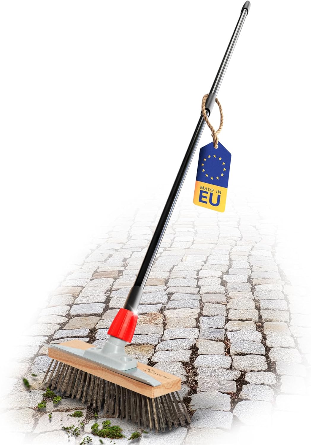 Novaliv Robuster Drahtbesen mit Stiel - Stahlbesen mit Teleskopstiel , Effiziente Moosentfernung , Drahtb&uuml;rste , f&uuml;r Pflastersteine & Garten , Stahldrahtbesen , Mooskratzer , Pizzabesen , Pizzastein B&uuml;rste 