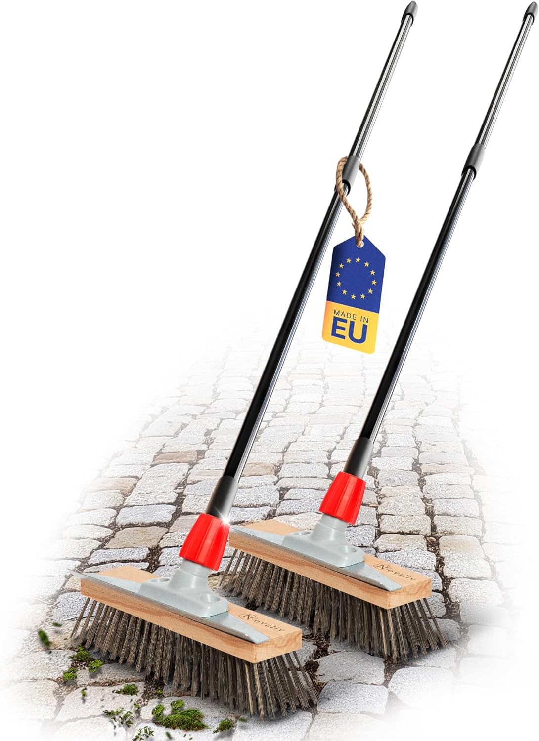 Novaliv 2X Robuster Drahtb&uuml;rste mit Stiel - Stahlbesen mit Teleskopstiel , Effiziente Moosentfernung , Stra&szlig;enbesen , f&uuml;r Pflastersteine & Garten , Stahlbesen , Mooskratzer , Pizzabesen , Pizzastein B&uuml;rste 