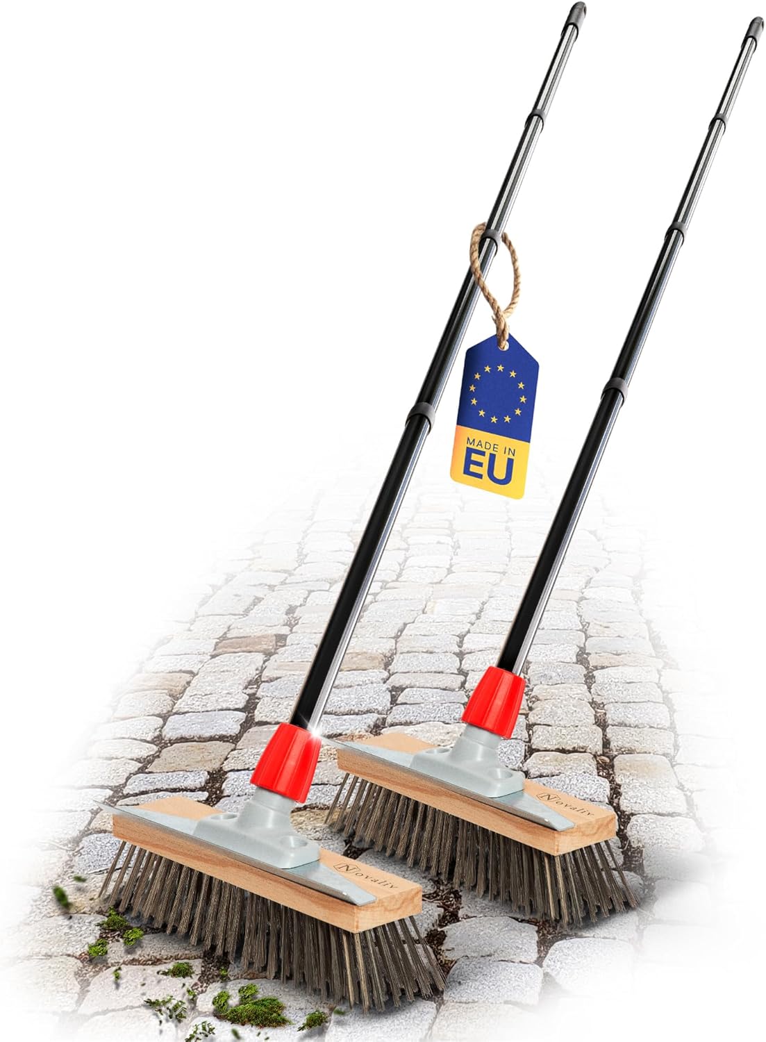 Novaliv 2X Robuster Drahtb&uuml;rste mit Stiel - Stahlbesen mit 4-TLG Stiel , Effiziente Moosentfernung , Stra&szlig;enbesen , f&uuml;r Pflastersteine & Garten , Stahlbesen , Mooskratzer , Pizzabesen , Pizzastein B&uuml;rste 