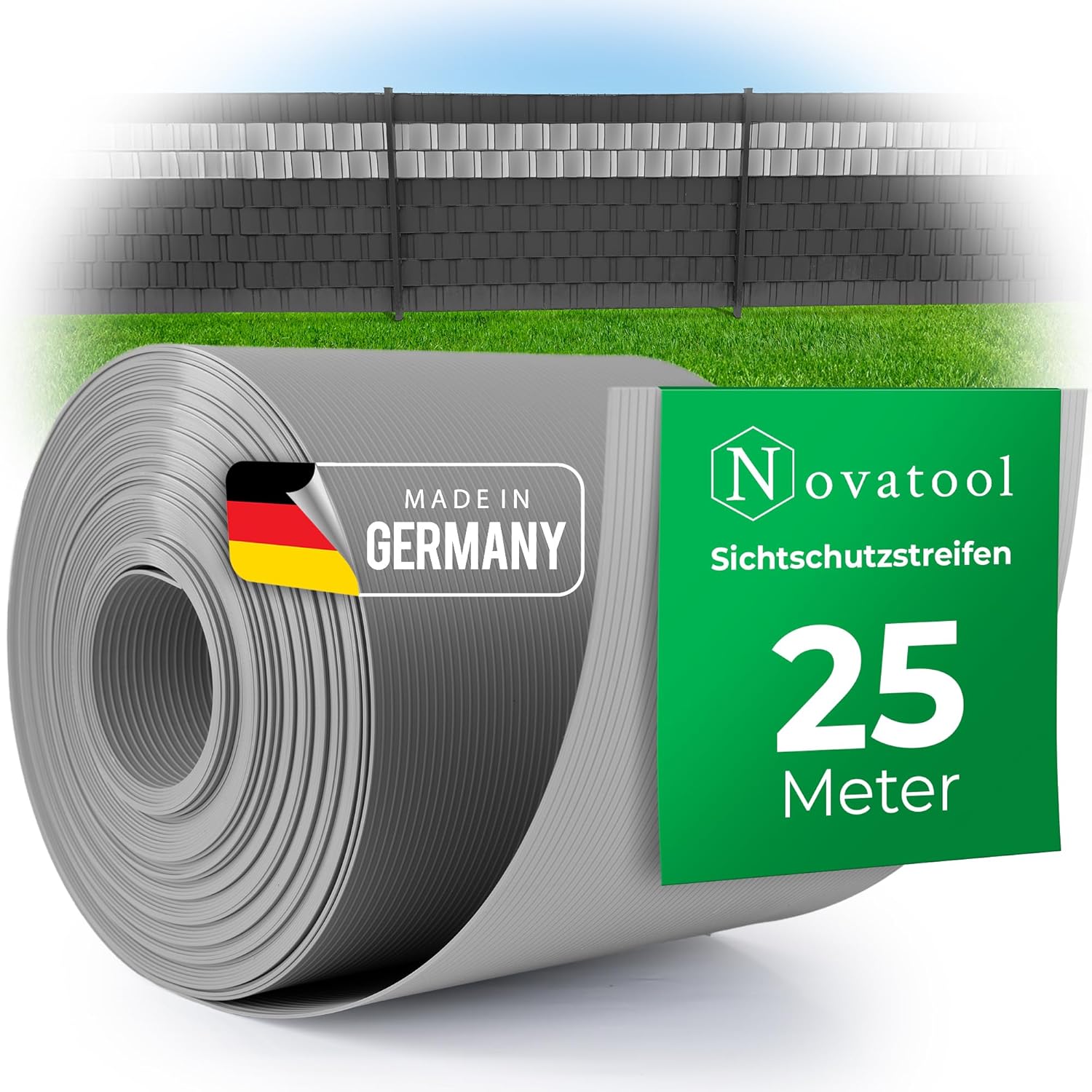 Novatool Premium PP 25m Rolle Sichtschutzstreifen f&uuml;r Doppelstabmattenzaun Fenster GRAU f&uuml;r 10 Reihen Stabmattenzaun Sichtschutzstreifen langlebig & witterungsbest&auml;ndig Zaunelemente Sichtschutz 