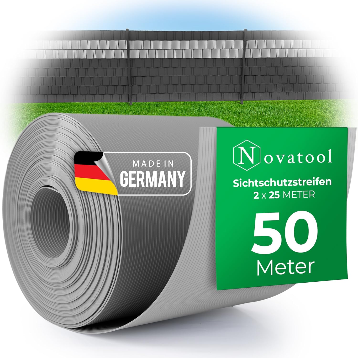 Novatool Premium PP 50m Rollen Sichtschutzstreifen f&uuml;r Doppelstabmattenzaun Fenster GRAU f&uuml;r 20 Reihen Stabmattenzaun Sichtschutzstreifen langlebig & witterungsbest&auml;ndig Zaunelemente Sichtschutz 
