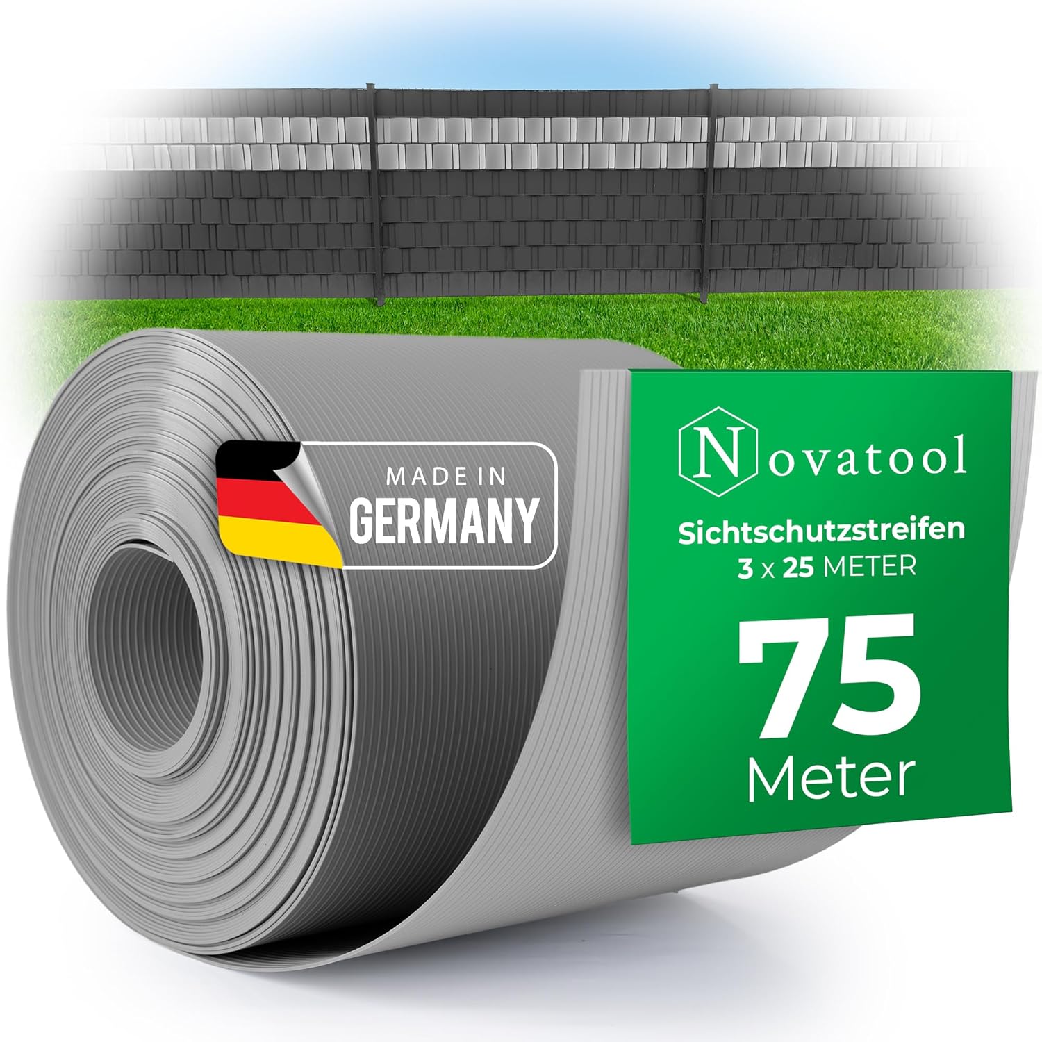 Novatool Premium PP 75m Rollen Sichtschutzstreifen f&uuml;r Doppelstabmattenzaun Fenster GRAU f&uuml;r 30 Reihen Stabmattenzaun Sichtschutzstreifen langlebig & witterungsbest&auml;ndig Zaunelemente Sichtschutz 