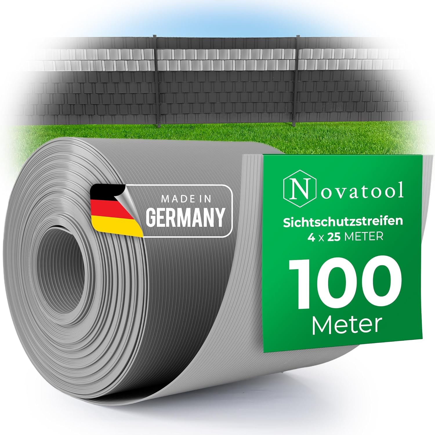 Novatool Premium PP 100m Rollen Sichtschutzstreifen f&uuml;r Doppelstabmattenzaun Fenster GRAU f&uuml;r 40 Reihen Stabmattenzaun Sichtschutzstreifen langlebig & witterungsbest&auml;ndig Zaunelemente Sichtschutz 