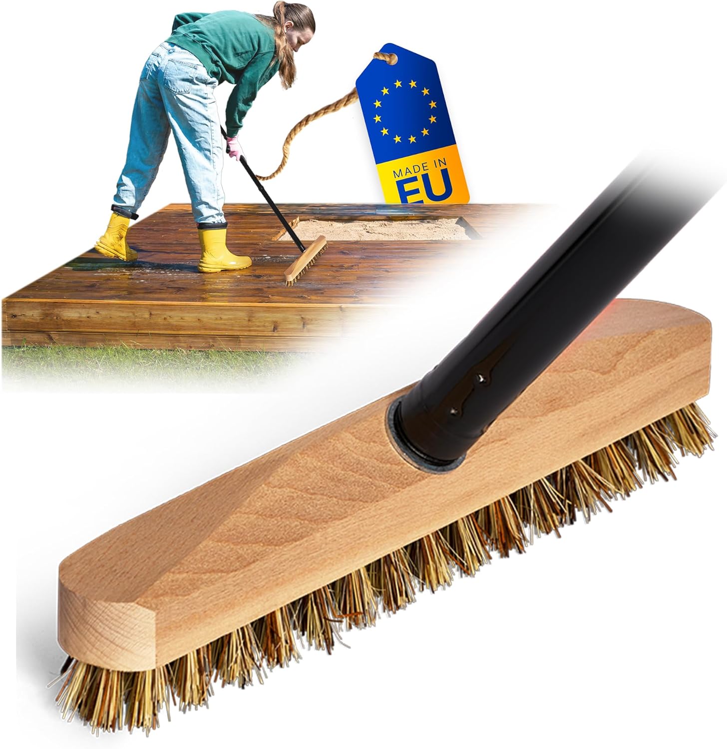 Schrubber aus Holz mit Borsten Wischer mit Gewinde und Schraub- Steckstiel vierteilig Scheuerb&uuml;rste Union Boden B&uuml;rste Ideal f&uuml;r Reinigung Balkon Terrasse Garten Innen Au&szlig;enbereich 