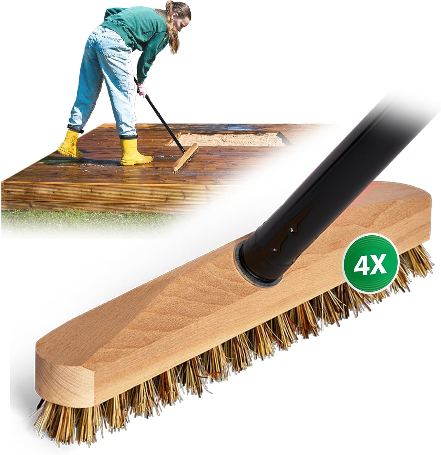 Novaliv 4X Schrubber aus Holz mit Union Borsten und Schraub- Steckstiel vierteilig Wischer mit Gewinde Scheuerb&uuml;rste Boden B&uuml;rstewurzelb&uuml;rste Innen Au&szlig;enbereich Schrubber 