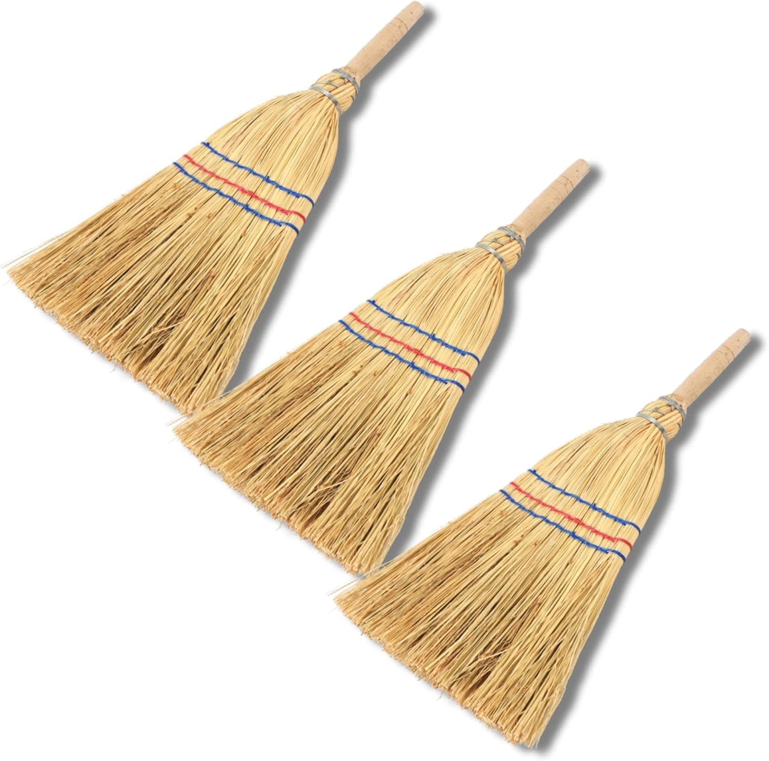 Novatool 3X Kleiner Besen Reisigbesen mit Stiel kurz 40cm Strohbesen Kinder Hexenbesen klein Garden Broom Mini Besen klein IDEAL als Kinderbesen & Campingbesen 