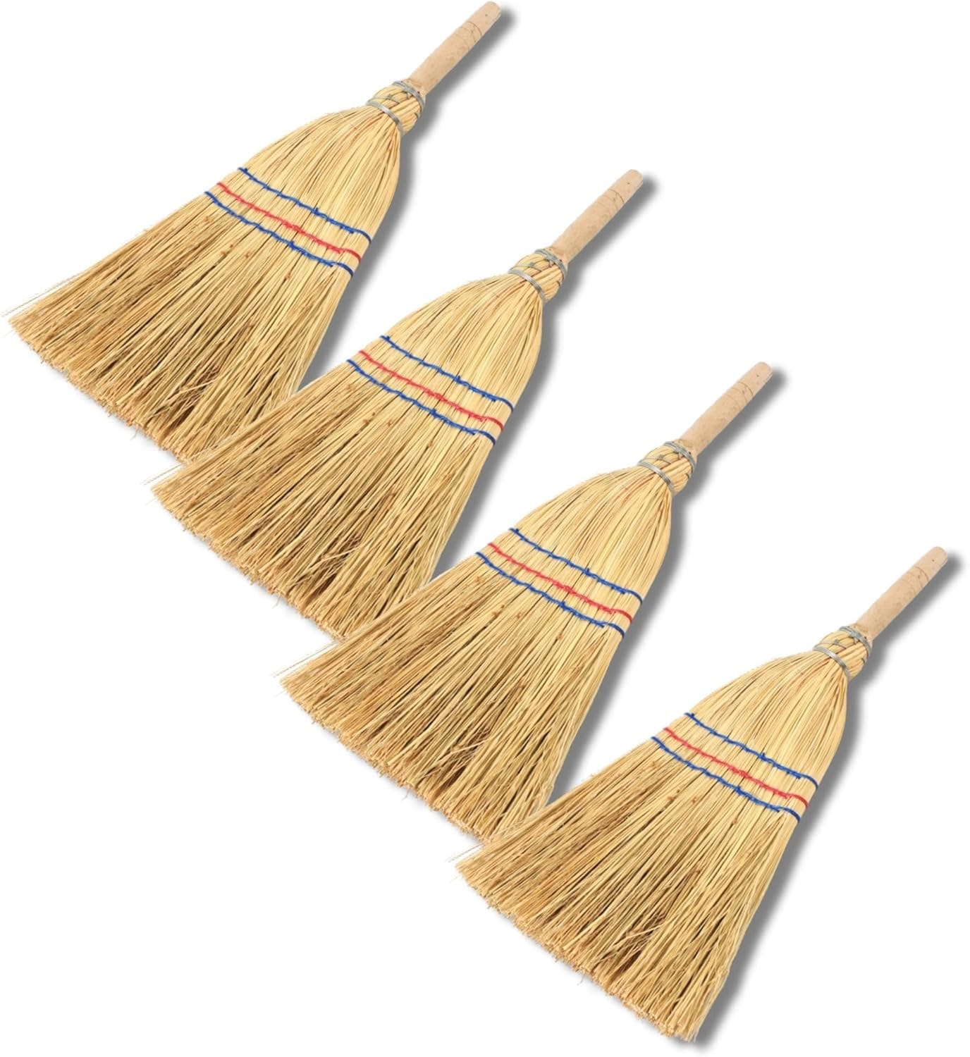 Novatool 4X Kleiner Besen Reisigbesen mit Stiel kurz 40cm Strohbesen Kinder Hexenbesen klein Garden Broom Mini Besen klein IDEAL als Kinderbesen & Campingbesen 