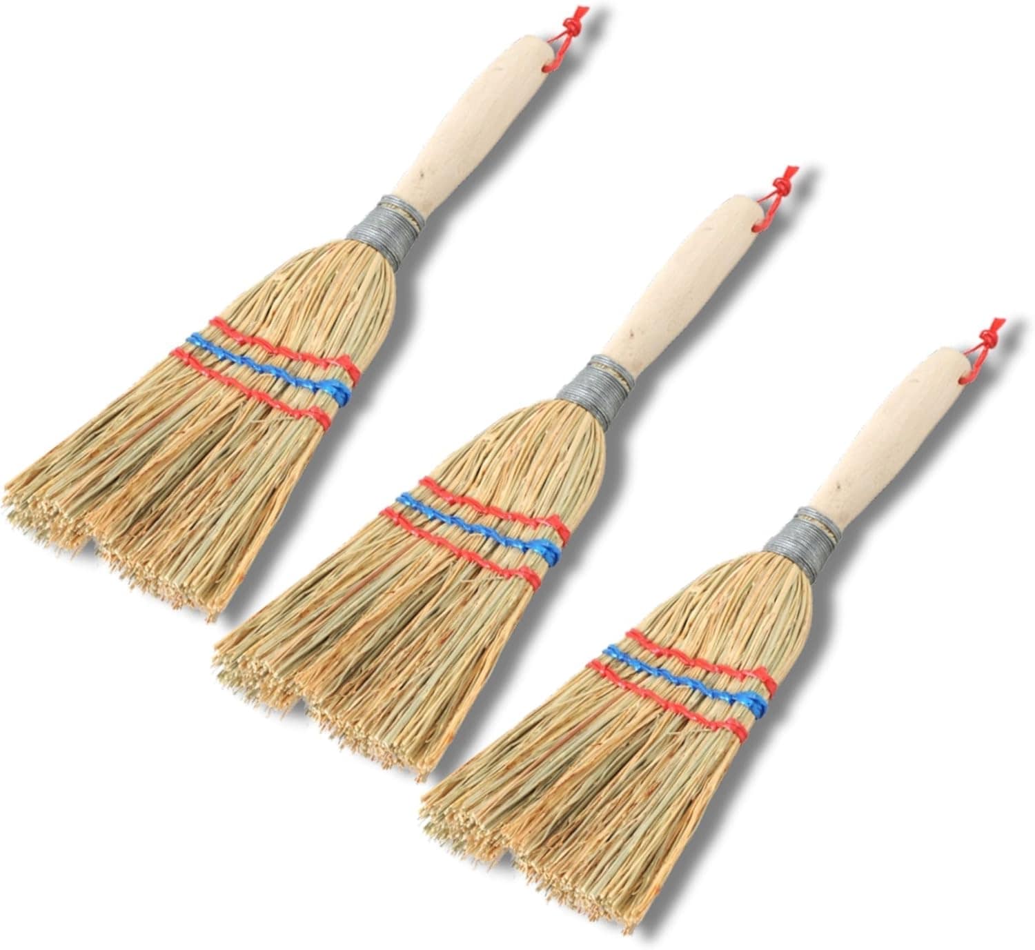 Novatool 3X Kleiner Besen Reisigbesen mit Stiel kurz 28cm Strohbesen Kinder Hexenbesen klein Garden Broom Mini Besen klein IDEAL als Kinderbesen & Campingbesen 