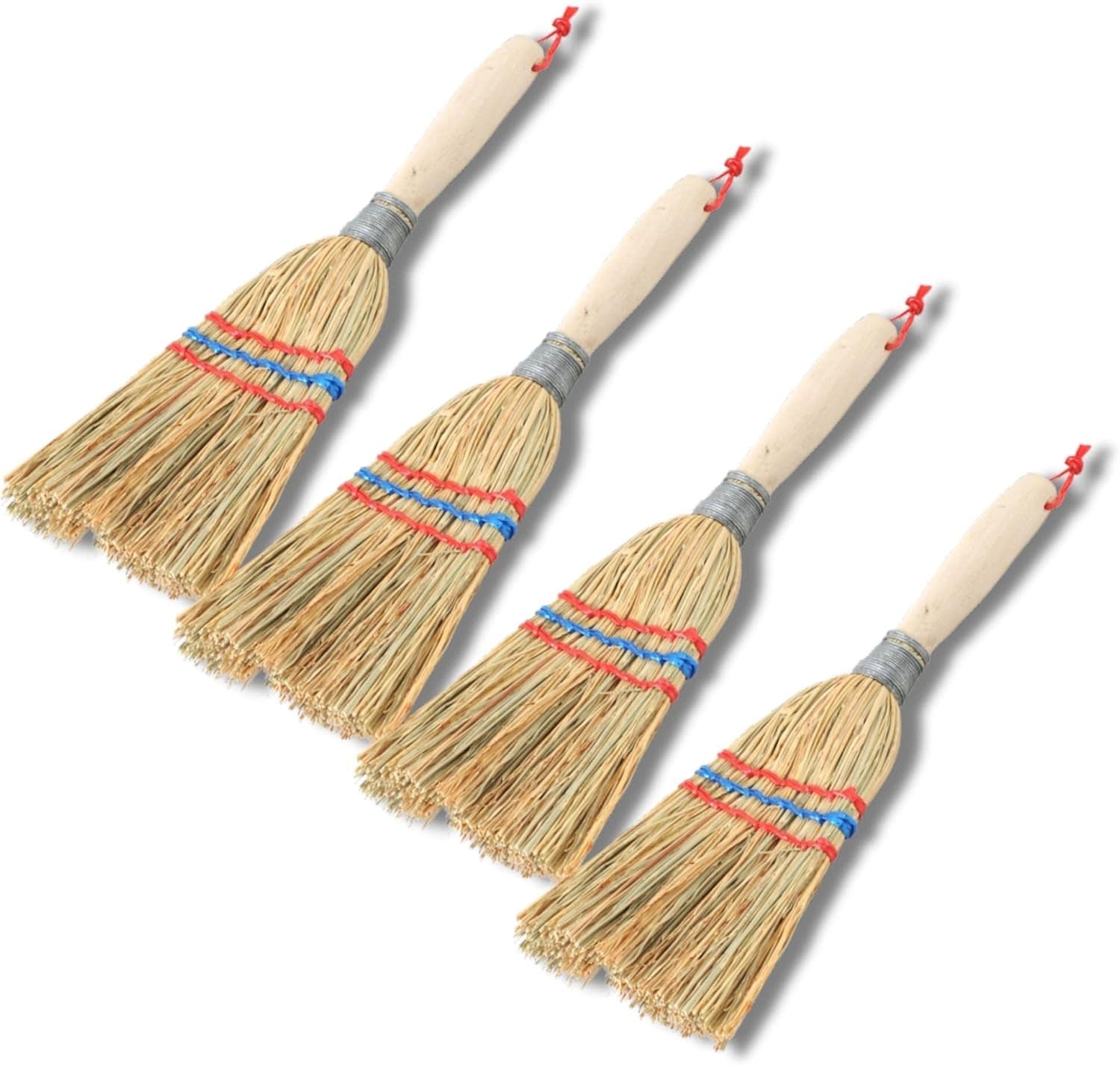 Novatool 4X Kleiner Besen Reisigbesen mit Stiel kurz 28cm Strohbesen Kinder Hexenbesen klein Garden Broom Mini Besen klein IDEAL als Kinderbesen & Campingbesen 