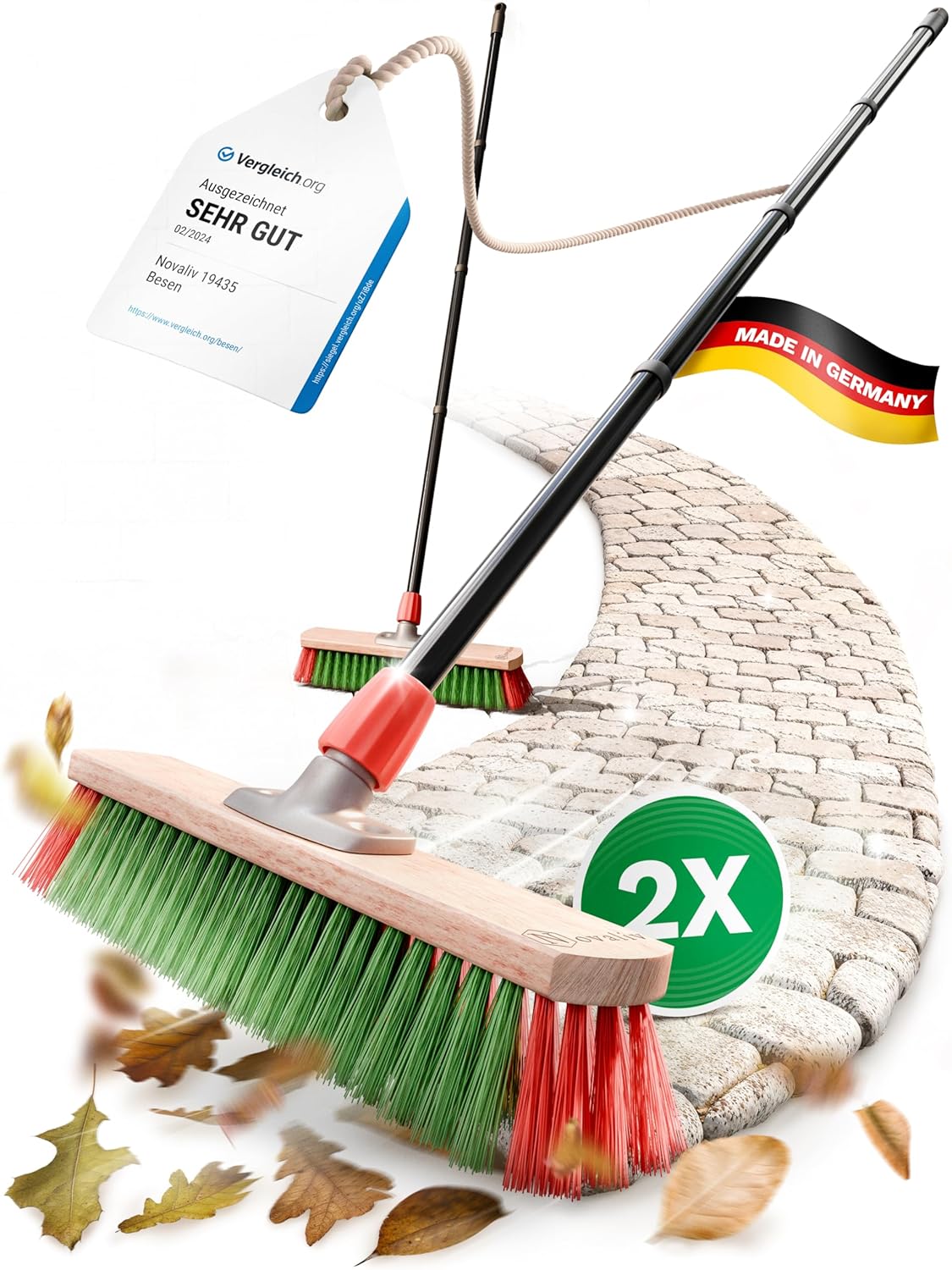 Novaliv 2X Gartenbesen 40 cm mit Stiel drau&szlig;en Elaston Borsten Ideal als Besen drau&szlig;en Stra&szlig;enbesen mit Stiel Harte Borsten Terassenbesen Hofbesen Stallbesen Kehrbesen Industriebesen Outdoor Broom 