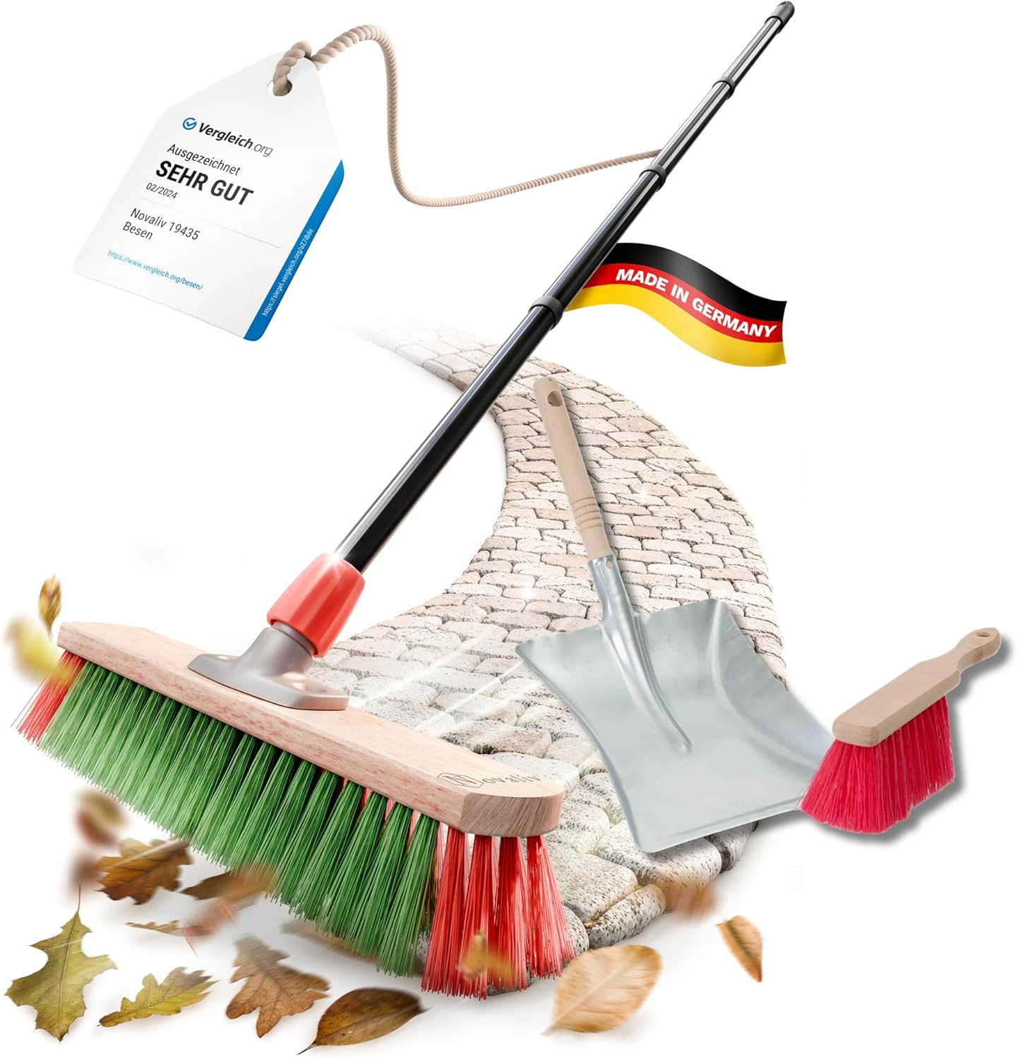 Novaliv Gartenbesen mit Stiel 40 cm Elaston Borsten inkl. Kehrgarnitur schwarz bestehend aus Kehrblech und Handfeger Ideal als Stra&szlig;enbesen Terassenbesen Hofbesen Stallbesen Kehrbesen Outdoor Broom 