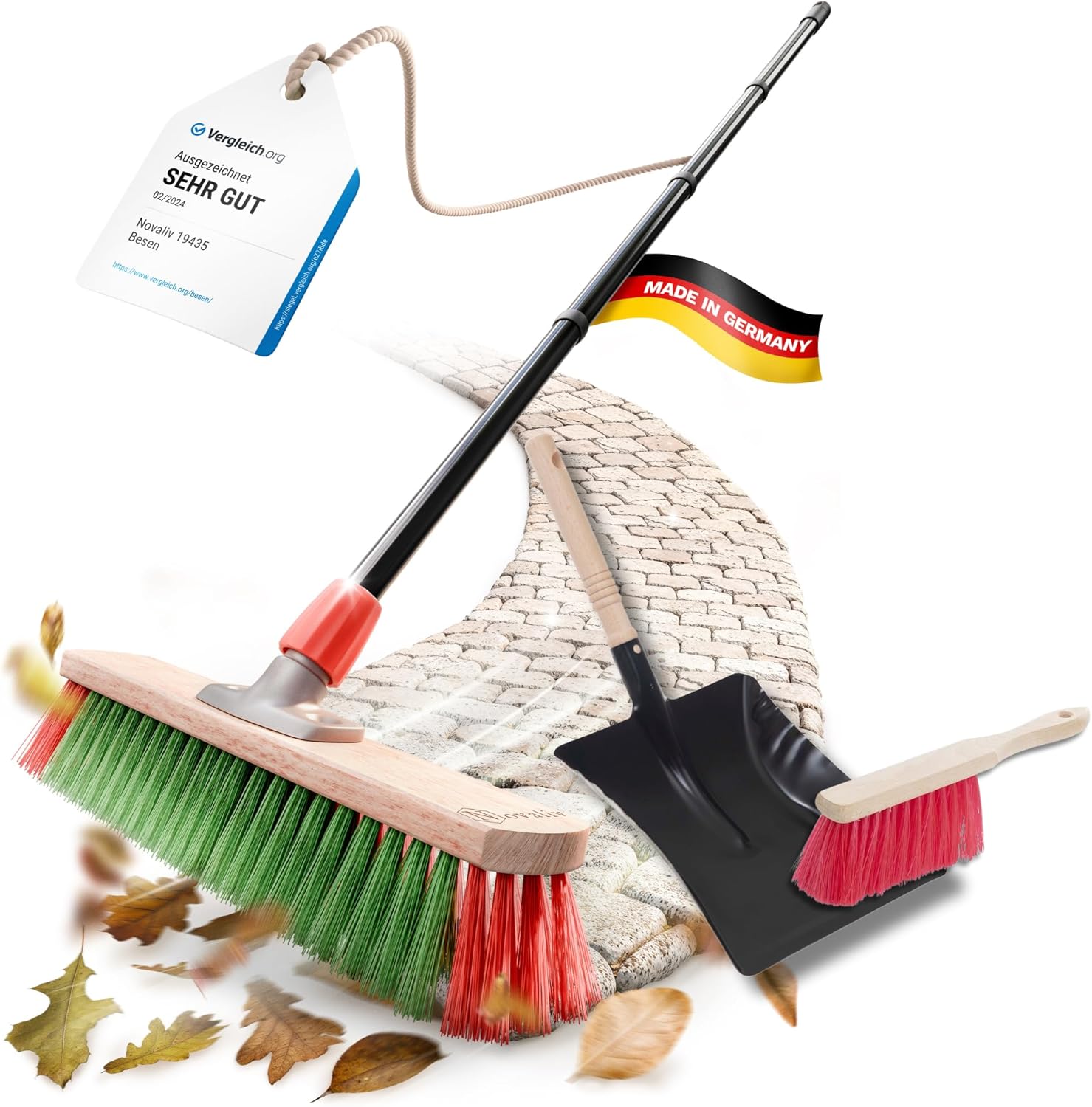Novaliv Gartenbesen mit Stiel 40 cm Elaston Borsten inkl. Kehrgarnitur verzinkt mit Gummilippe bestehend aus Kehrblech & Handfeger Idealer Stra&szlig;enbesen Terassenbesen Hofbesen Stallbesen Outdoor Broom 