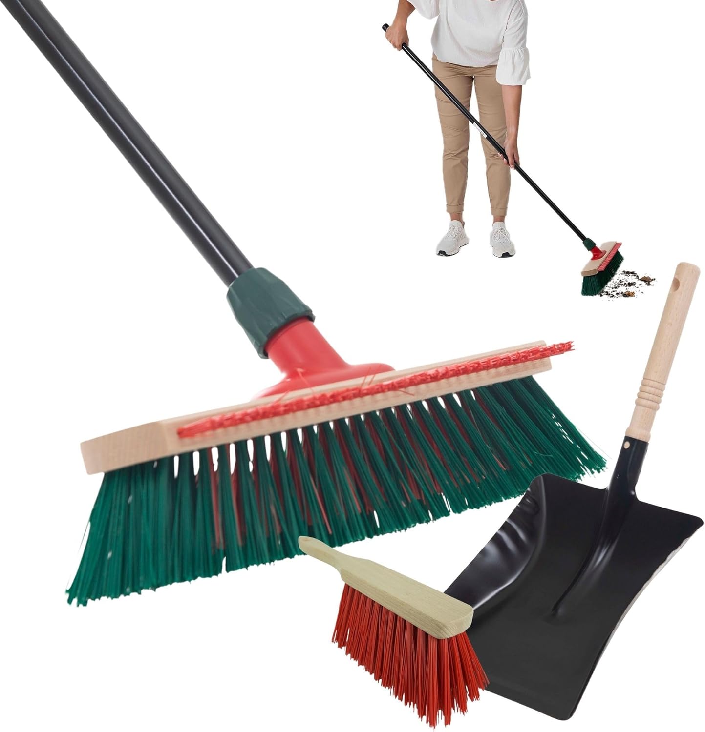 Novaliv Gartenbesen mit Stiel und Kratzleiste 40 cm Elaston Borsten inkl. Kehrgarnitur verzinkt bestehend aus Kehrblech und Handfeger Terassenbesen Hofbesen Stallbesen Kehrbesen Outdoor Broom 