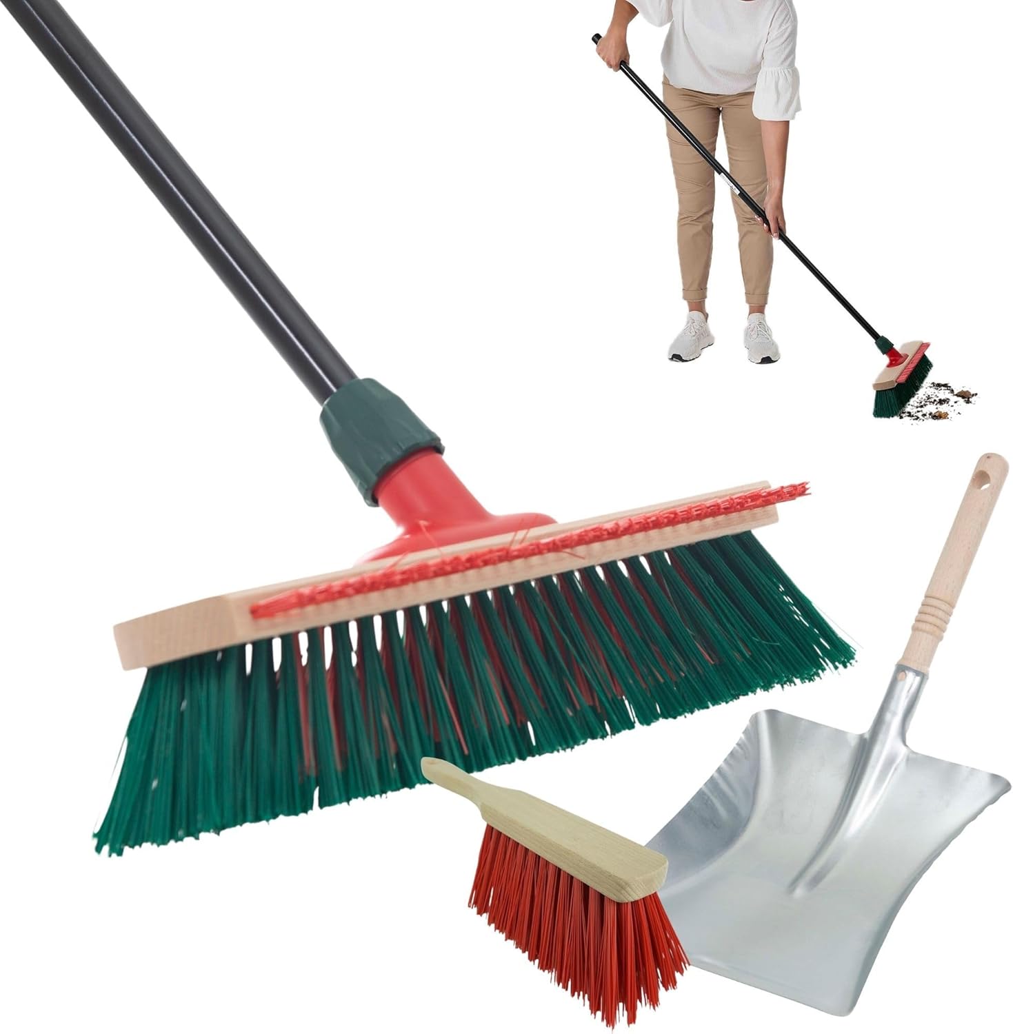 Novaliv Gartenbesen mit Stiel und Kratzleiste 40 cm Elaston Borsten inkl. Kehrgarnitur verzinkt mit Gummilippe bestehend aus Kehrblech & Handfeger Terassenbesen Hofbesen Stallbesen Outdoor Broom 