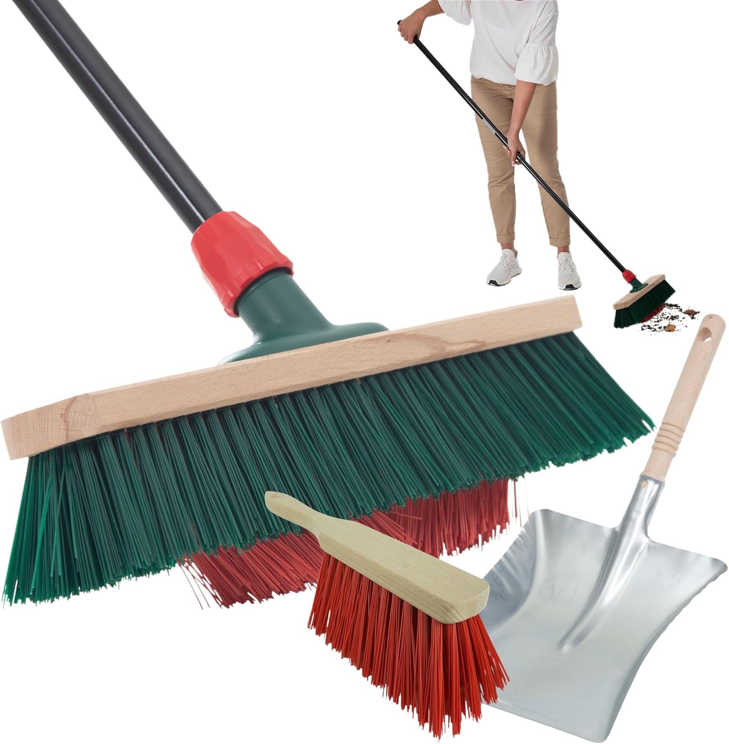 Novaliv Gartenbesen mit Stiel V-Borsten 40 cm Elaston Borsten inkl. Kehrgarnitur schwarz bestehend aus Kehrblech und Handfeger Terassenbesen Hofbesen Stallbesen Kehrbesen Outdoor Broom 
