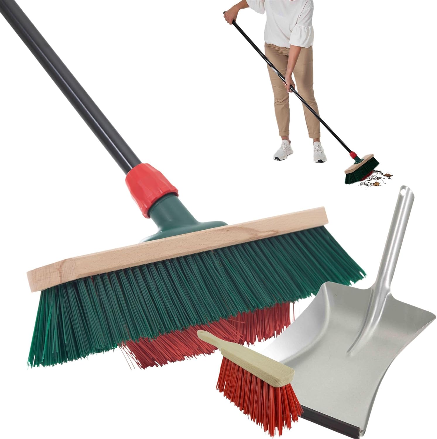 Novaliv Gartenbesen mit Stiel V-Borsten 40 cm Elaston Borsten inkl. Kehrgarnitur verzinkt bestehend aus Kehrblech und Handfeger Terassenbesen Hofbesen Stallbesen Kehrbesen Outdoor Broom 