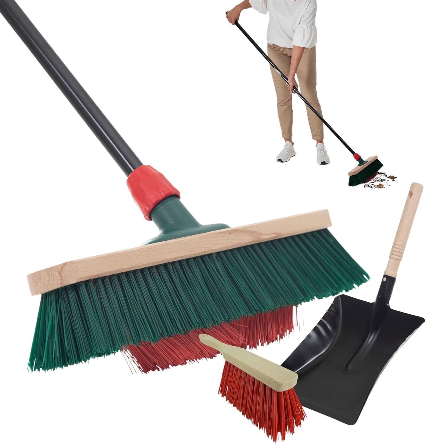 Gartenbesen mit Stiel V-Borsten 40 cm Elaston Borsten inkl. Kehrgarnitur verzinkt mit Gummilippe bestehend aus Kehrblech & Handfeger Terassenbesen Hofbesen Stallbesen Outdoor Broom