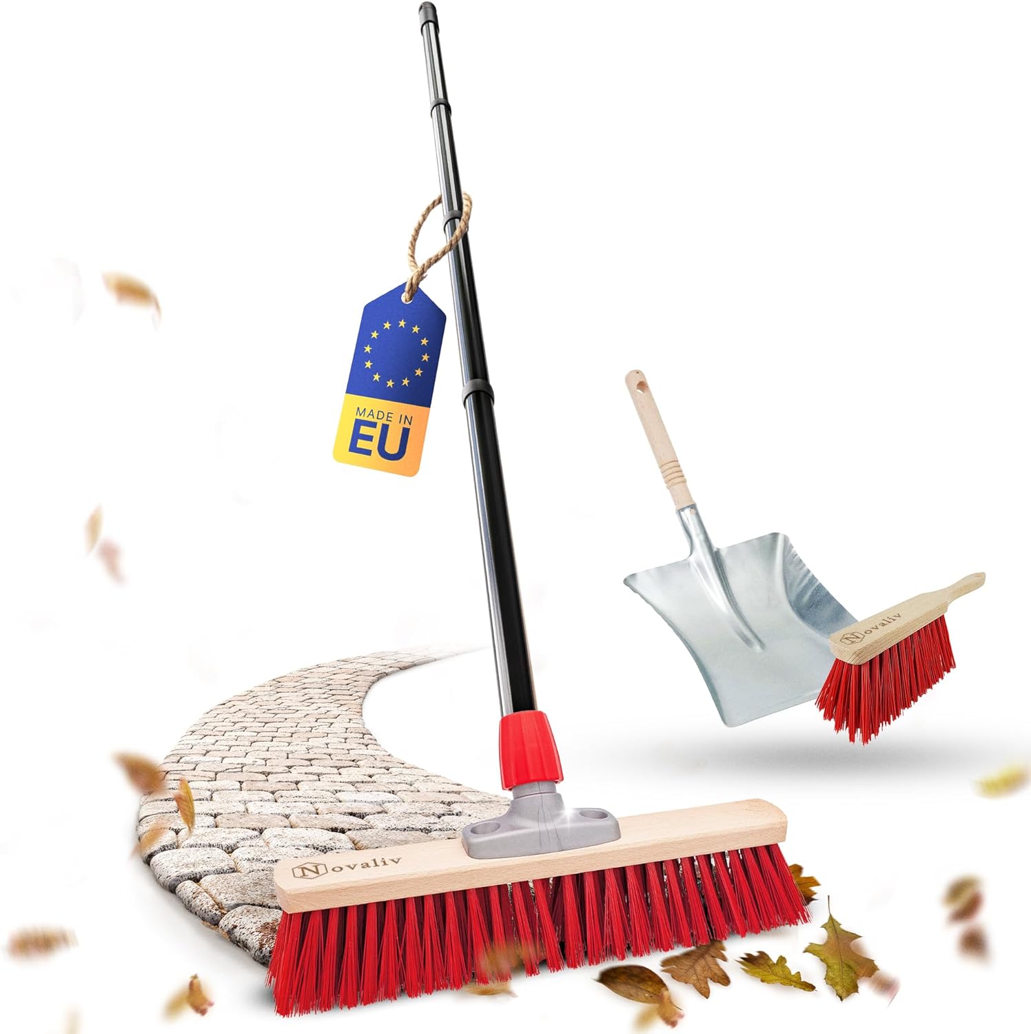 Novaliv Stra&szlig;enbesen mit Stiel 40 cm Elaston Borsten inkl. Kehrgarnitur schwarz bestehend aus Kehrblech und Handfeger Ideal als Gartenbesen Terassenbesen Hofbesen Stallbesen Kehrbesen Outdoor Broom 
