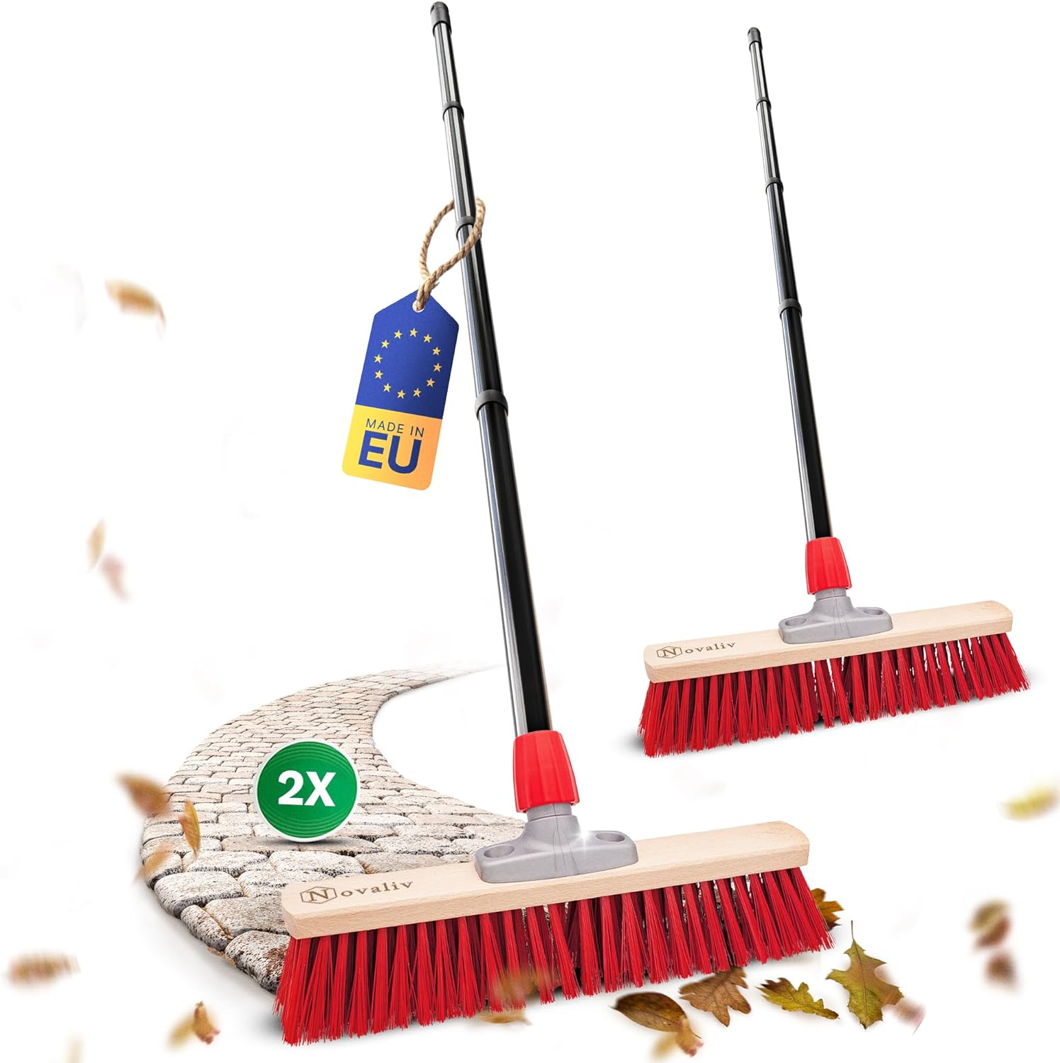 Novaliv 2X Stra&szlig;enbesen 50 cm mit Stiel drau&szlig;en Elaston Borsten Ideal als Besen drau&szlig;en Gartenbesen Harte Borsten mit Stiel Terassenbesen Hofbesen Stallbesen Kehrbesen Industriebesen Outdoor Broom 