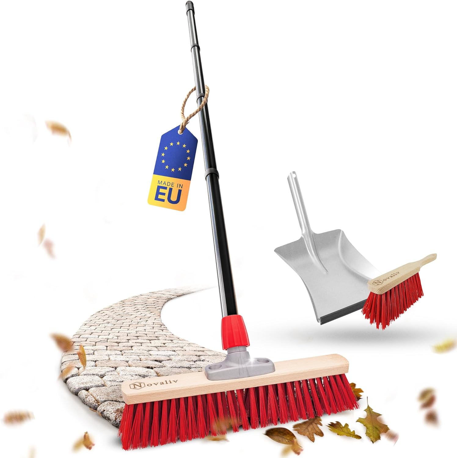 Novaliv Stra&szlig;enbesen mit Stiel 50 cm Elaston Borsten inkl. Kehrgarnitur verzinkt bestehend aus Kehrblech und Handfeger Ideal als Gartenbesen Terassenbesen Hofbesen Stallbesen Kehrbesen Outdoor Broom 
