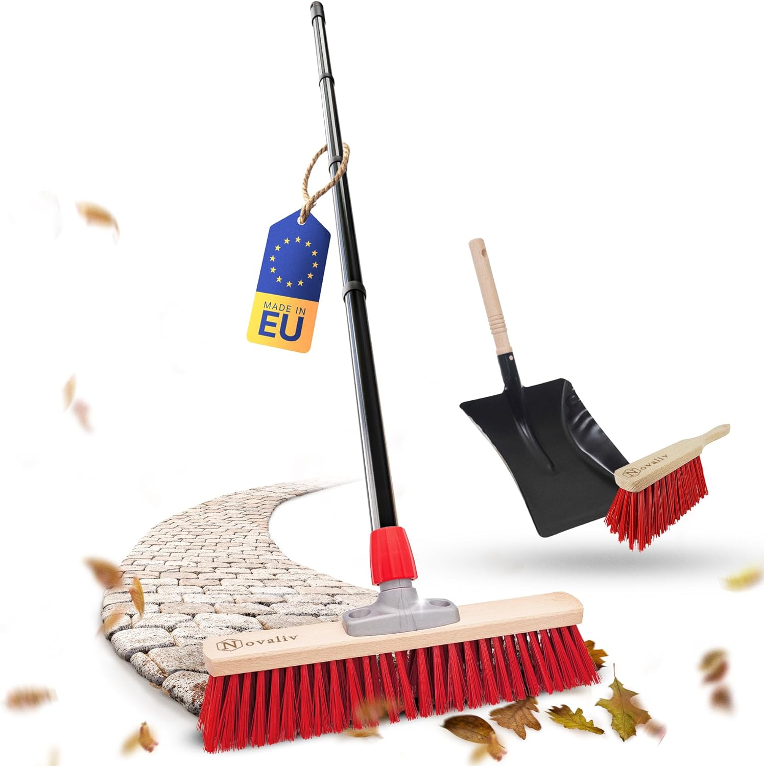 Novaliv Stra&szlig;enbesen mit Stiel 50 cm Elaston Borsten inkl. Kehrgarnitur verzinkt mit Gummilippe bestehend aus Kehrblech & Handfeger Idealer Gartenbesen Terassenbesen Hofbesen Stallbesen Outdoor Broom 