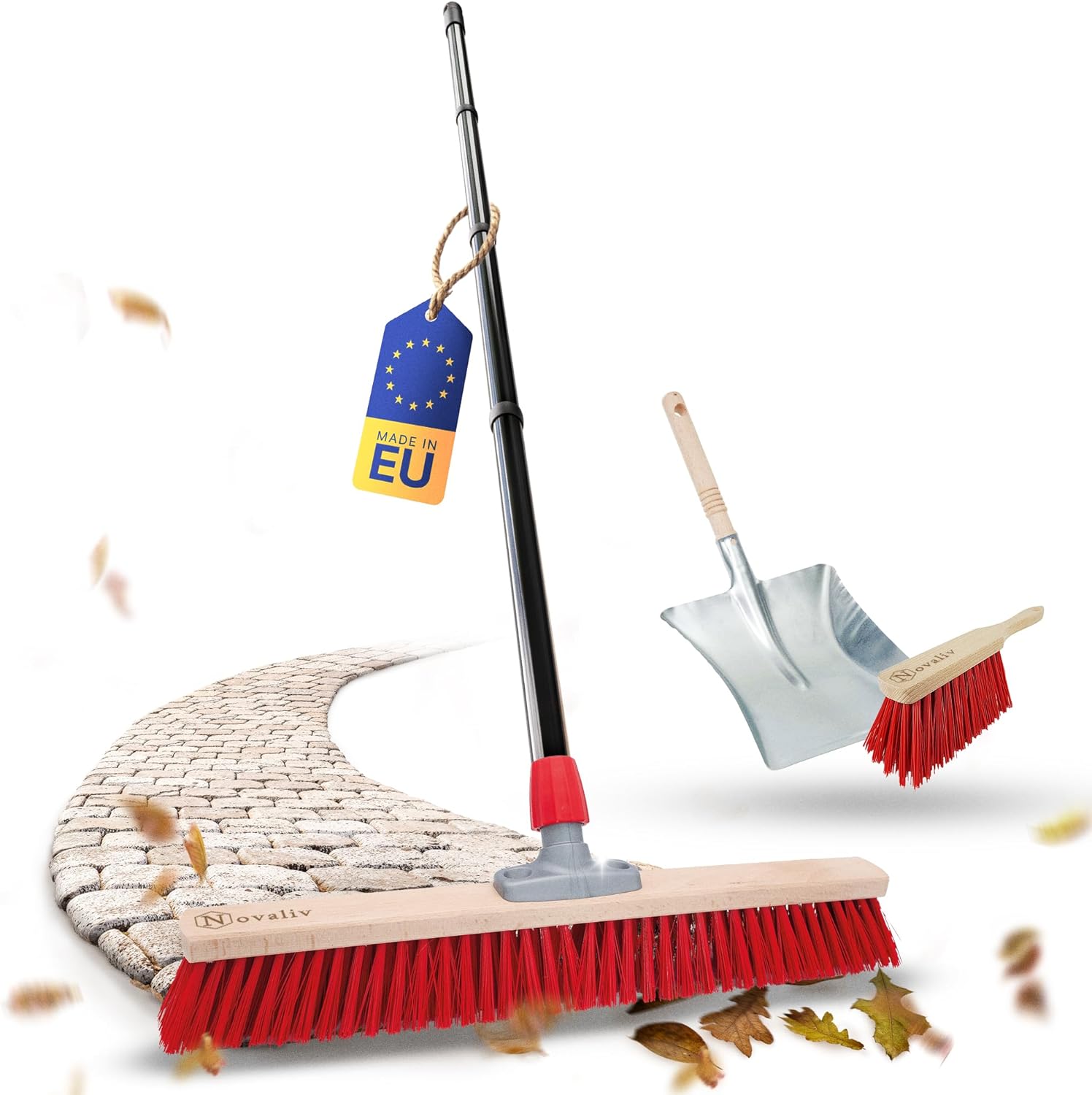 Novaliv Stra&szlig;enbesen mit Stiel 60 cm Elaston Borsten inkl. Kehrgarnitur schwarz bestehend aus Kehrblech und Handfeger Ideal als Gartenbesen Terassenbesen Hofbesen Stallbesen Kehrbesen Outdoor Broom 