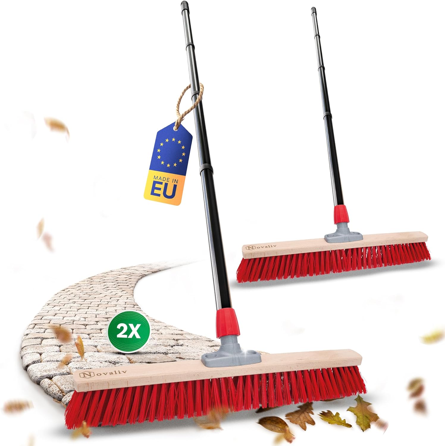Novaliv 2X Stra&szlig;enbesen 80 cm mit Stiel drau&szlig;en Elaston Borsten Ideal als Besen drau&szlig;en Gartenbesen Harte Borsten mit Stiel Terassenbesen Hofbesen Stallbesen Kehrbesen Industriebesen Outdoor Broom 
