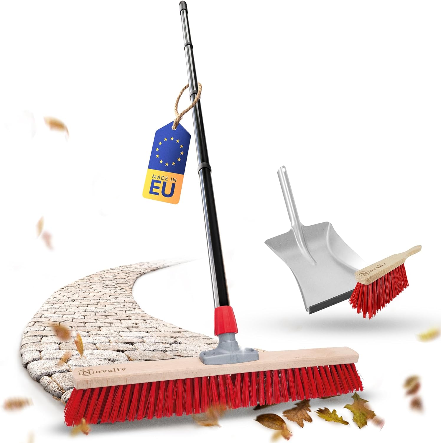 Novaliv Stra&szlig;enbesen mit Stiel 80 cm Elaston Borsten inkl. Kehrgarnitur verzinkt bestehend aus Kehrblech und Handfeger Ideal als Gartenbesen Terassenbesen Hofbesen Stallbesen Kehrbesen Outdoor Broom 