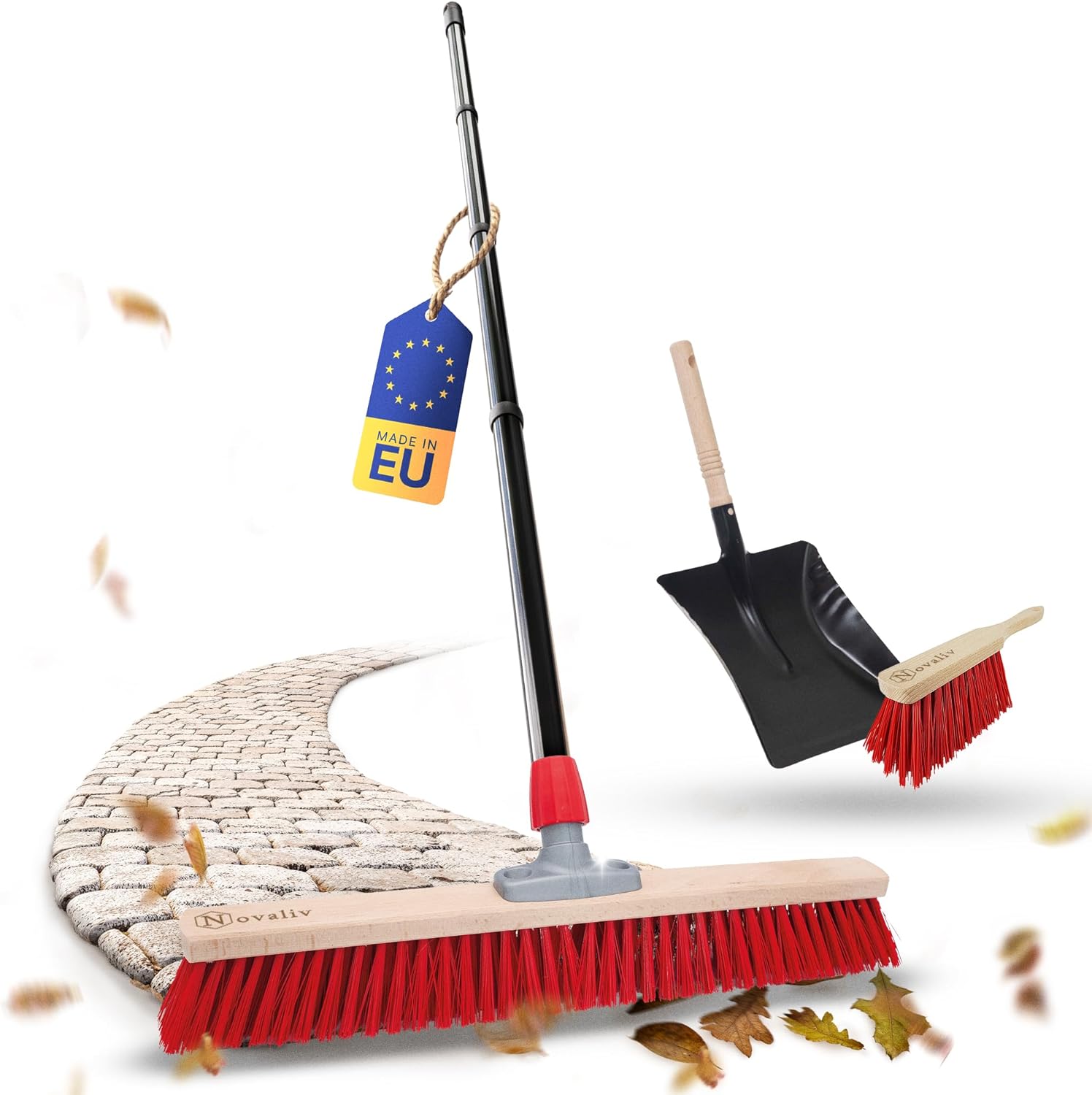 Novaliv Stra&szlig;enbesen mit Stiel 80 cm Elaston Borsten inkl. Kehrgarnitur verzinkt mit Gummilippe bestehend aus Kehrblech & Handfeger Idealer Gartenbesen Terassenbesen Hofbesen Stallbesen Outdoor Broom 