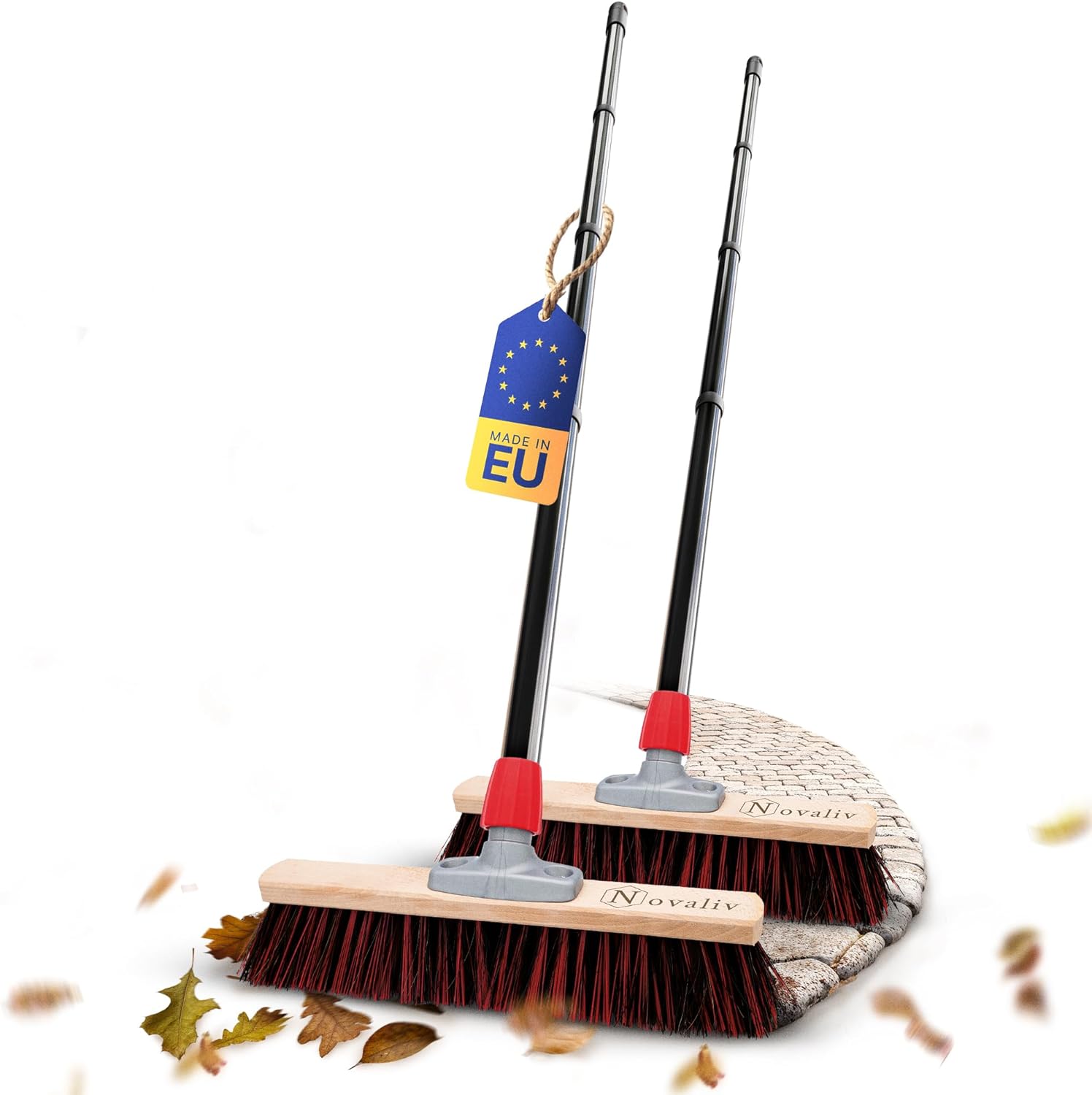 Novaliv 2X Stra&szlig;enbesen 40 cm mit Stiel drau&szlig;en Arenga-Elaston Borsten Ideal als Besen drau&szlig;en Gartenbesen Harte Borsten mit Stiel Hofbesen Stallbesen Kehrbesen Industriebesen Outdoor Broom 