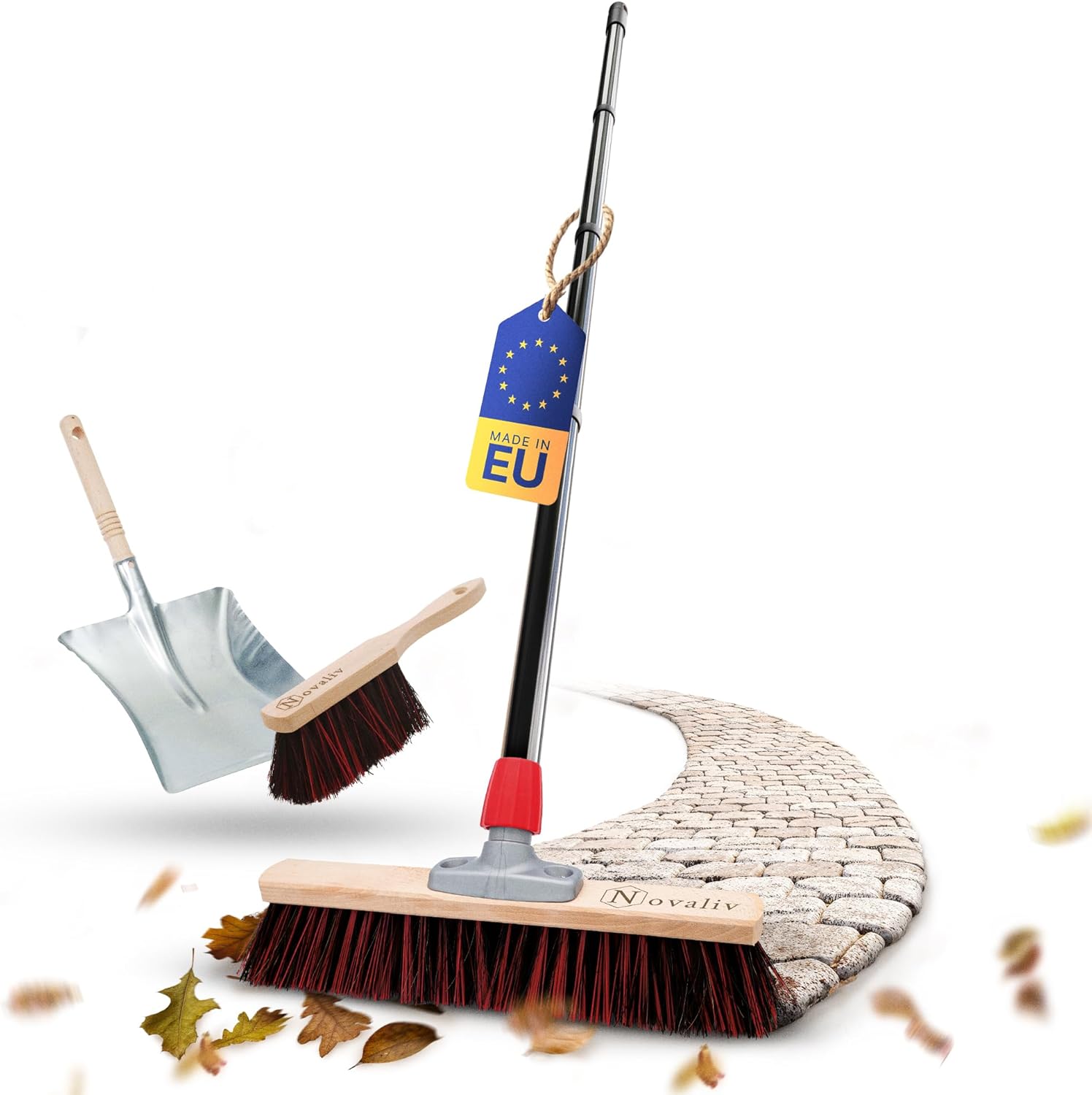 Novaliv Stra&szlig;enbesen mit Stiel 40 cm Arenga-Elaston Borsten inkl. Kehrgarnitur schwarz bestehend aus Kehrblech und Handfeger Ideal als Gartenbesen Terassenbesen Stallbesen Kehrbesen Outdoor Broom 