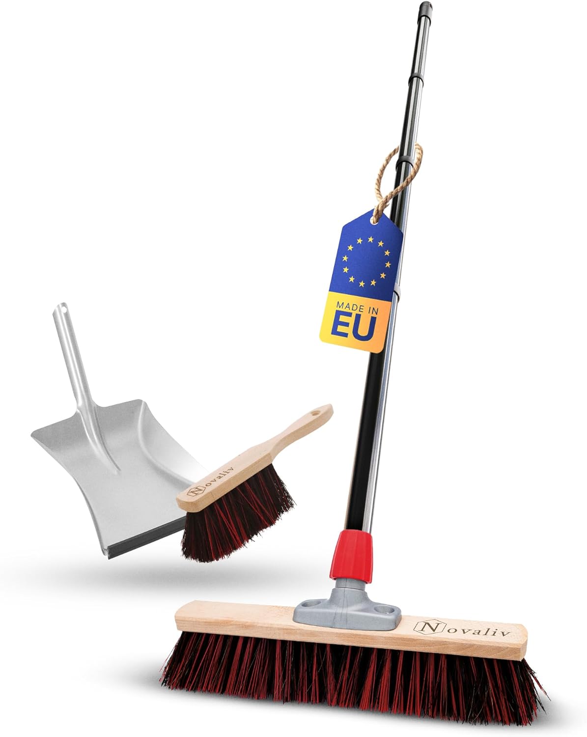 Novaliv Stra&szlig;enbesen mit Stiel 40 cm Arenga-Elaston Borsten inkl. Kehrgarnitur verzinkt bestehend aus Kehrblech und Handfeger Ideal als Gartenbesen Terassenbesen Hofbesen Kehrbesen Outdoor Broom 