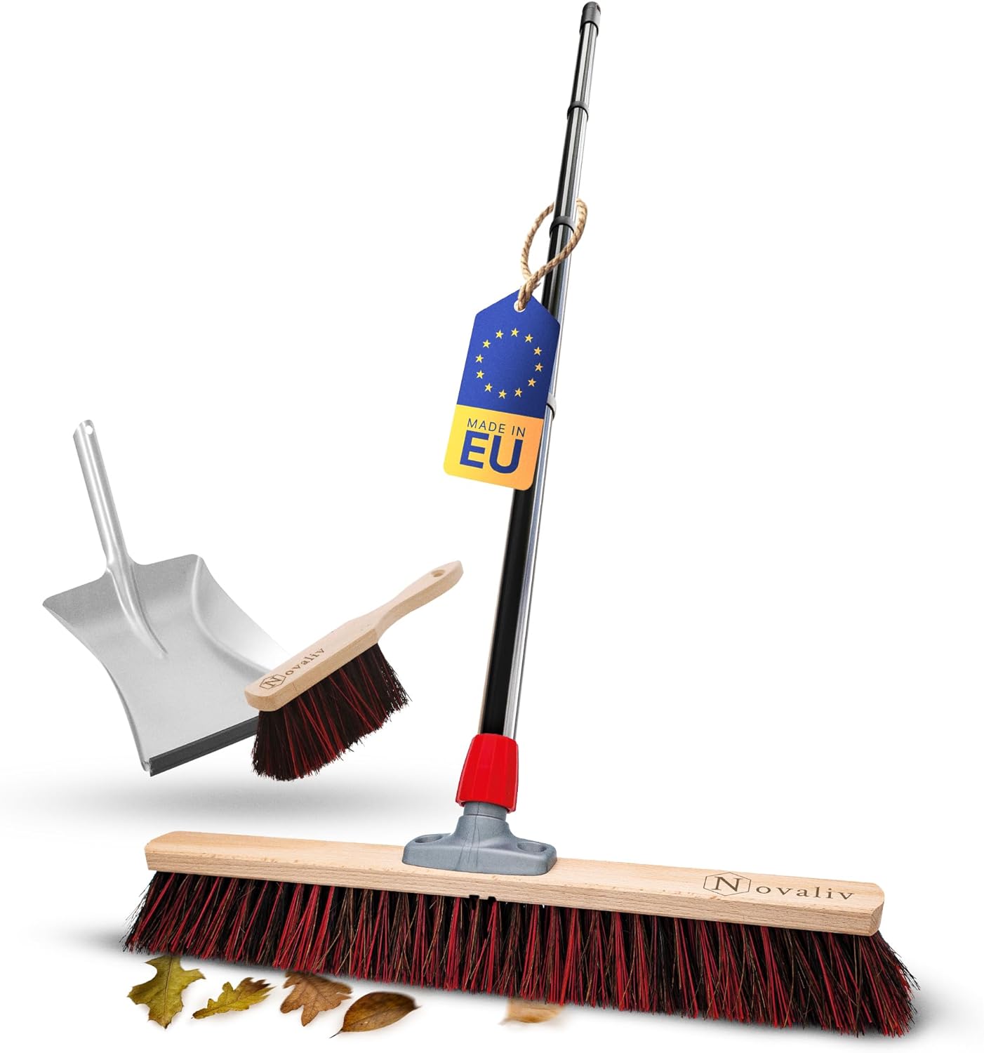 Novaliv Stra&szlig;enbesen mit Stiel 60 cm Arenga-Elaston Borsten inkl. Kehrgarnitur verzinkt bestehend aus Kehrblech und Handfeger Ideal als Gartenbesen Terassenbesen Hofbesen Kehrbesen Outdoor Broom 