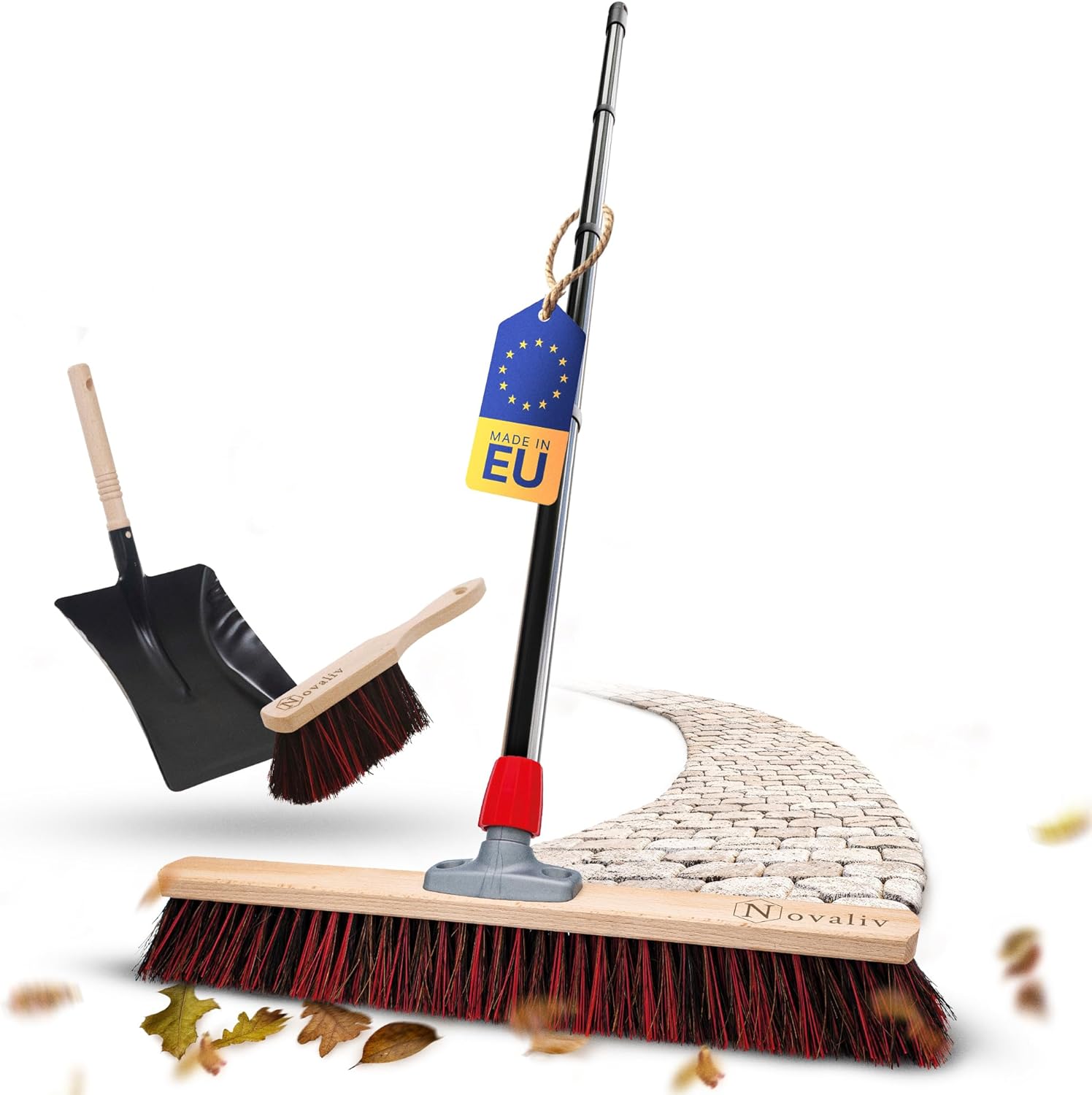 Novaliv Stra&szlig;enbesen mit Stiel 60 cm Arenga-Elaston Borsten inkl. Kehrgarnitur verzinkt mit Gummilippe bestehend aus Kehrblech & Handfeger Idealer Gartenbesen Terassenbesen Hofbesen Stallbesen 